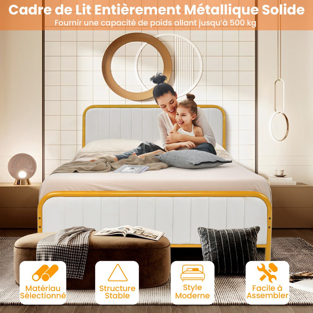Full Size Metal Platform Bed Frame, Gold, Padded Headboard