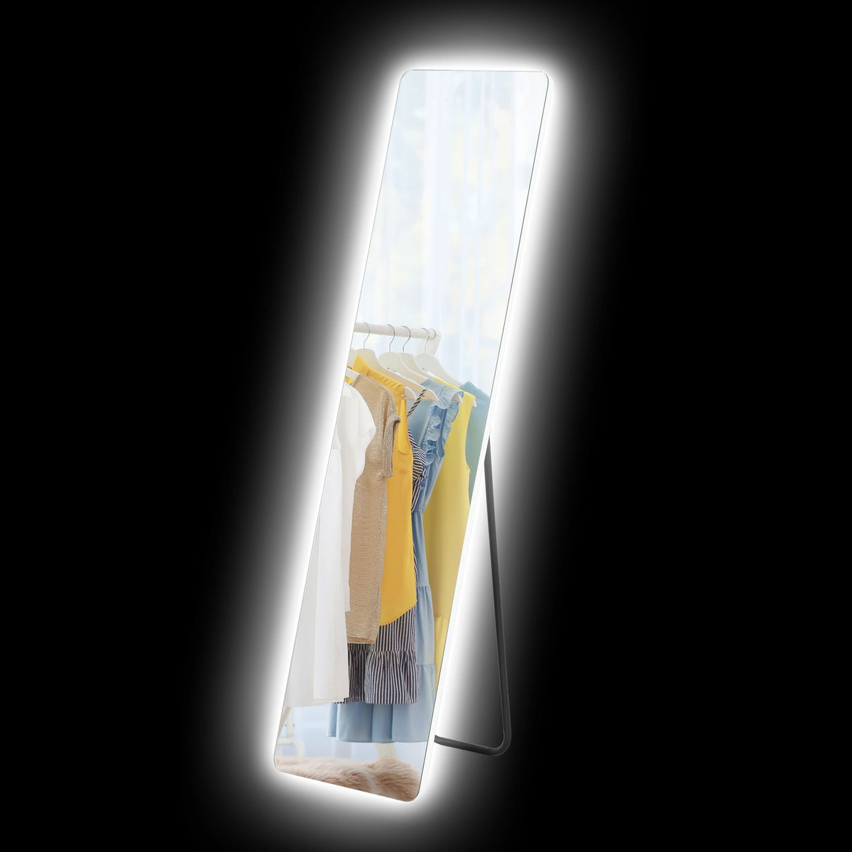Full-length mirror, 150 x 40 cm standing mirror with LED lighting, 3 light colors, wall mirror with stand, touch switch for bedroom, living room, transparent