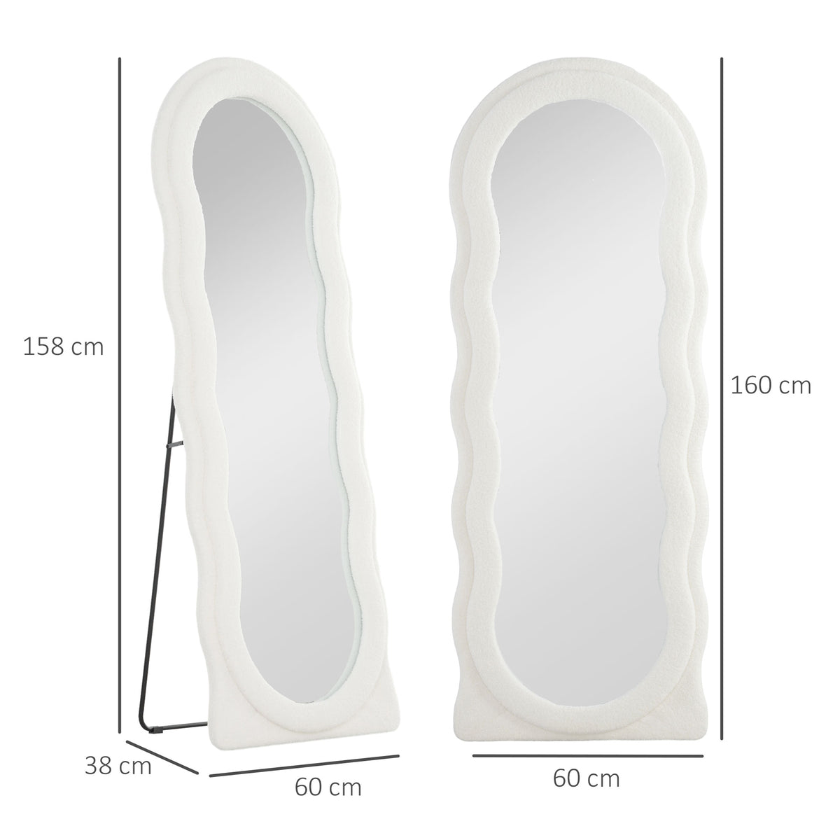 Full length mirror 160 x 60 cm Curved standing mirror with wave design Shatterproof glass White