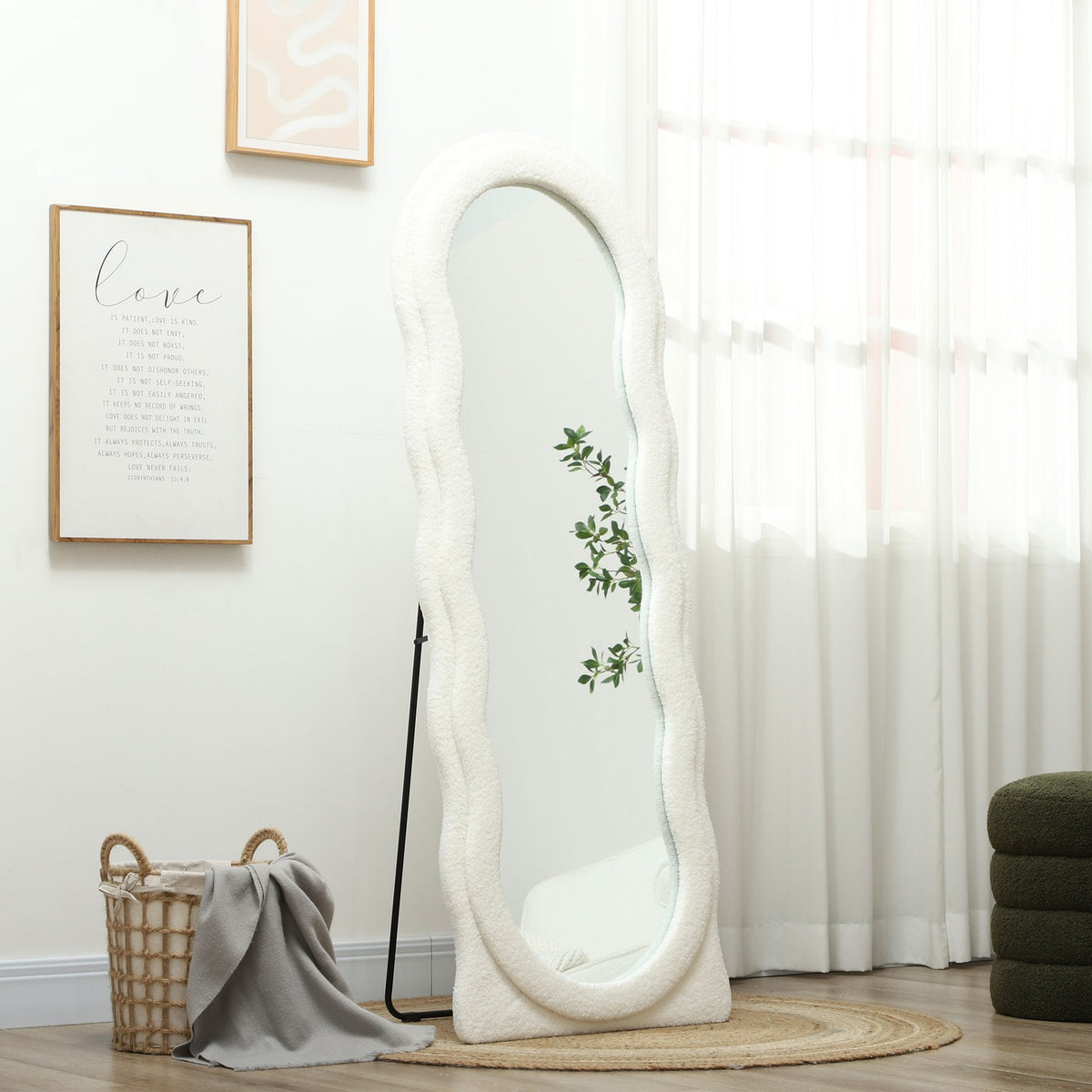 Full length mirror 160 x 60 cm Curved standing mirror with wave design Shatterproof glass White