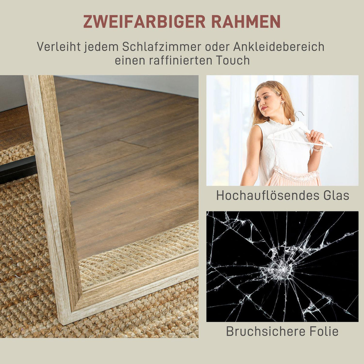 Full-length mirror, MDF frame, shatter-proof film, 162.6 x 53.3 cm, natural wood