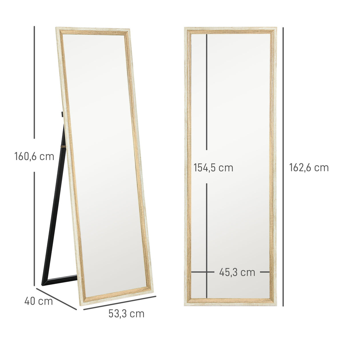 Full-length mirror, MDF frame, shatter-proof film, 162.6 x 53.3 cm, natural wood