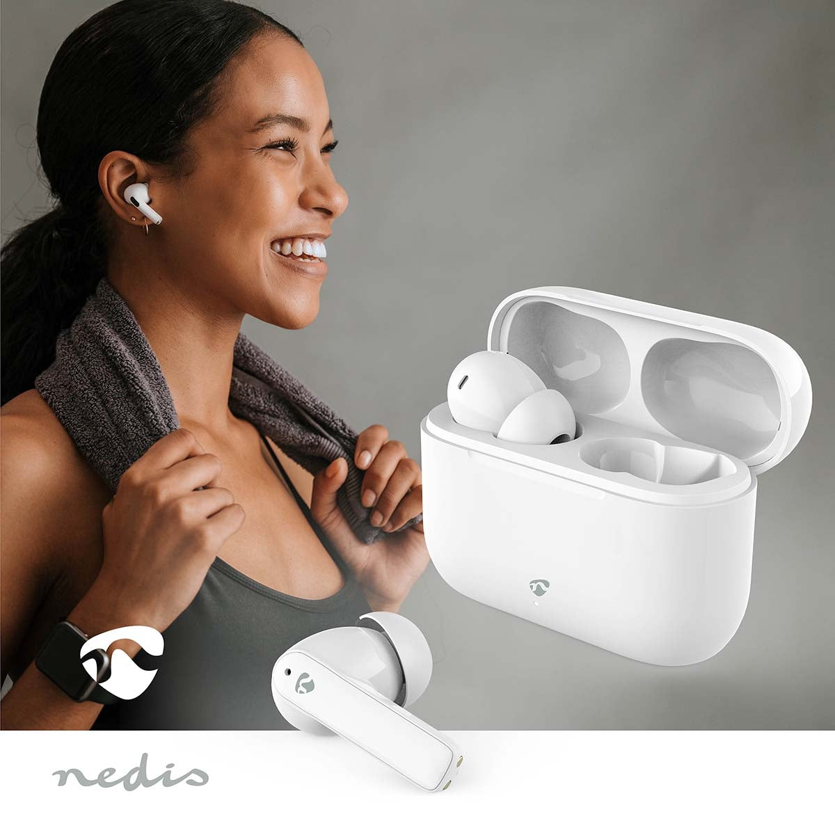Fully Wireless Earphones | ENC (Environmental Noise Cancelling) | Bluetooth® | Maximum battery play time: 24 hrs | Touch Control | Charging case | Wireless charging case | Built-in microphone | Voice control support | Noise canceling | IPX4 | White