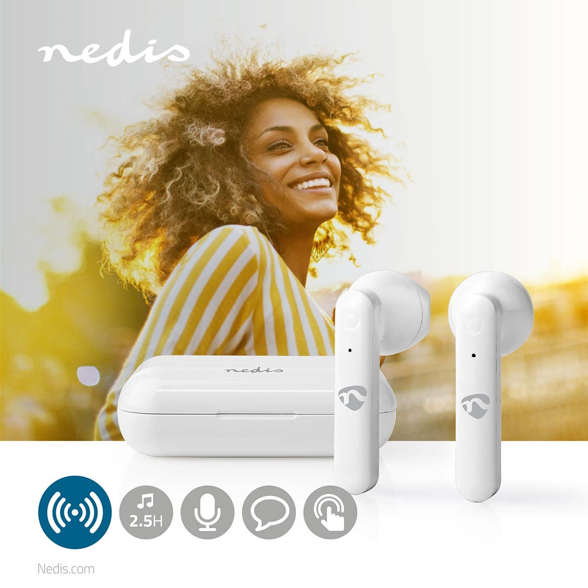 Fully Wireless Headphones | Bluetooth® | Maximum battery life: 2.5 hours | Press Control | Battery cover | Built-in microphone | Support for voice control | White