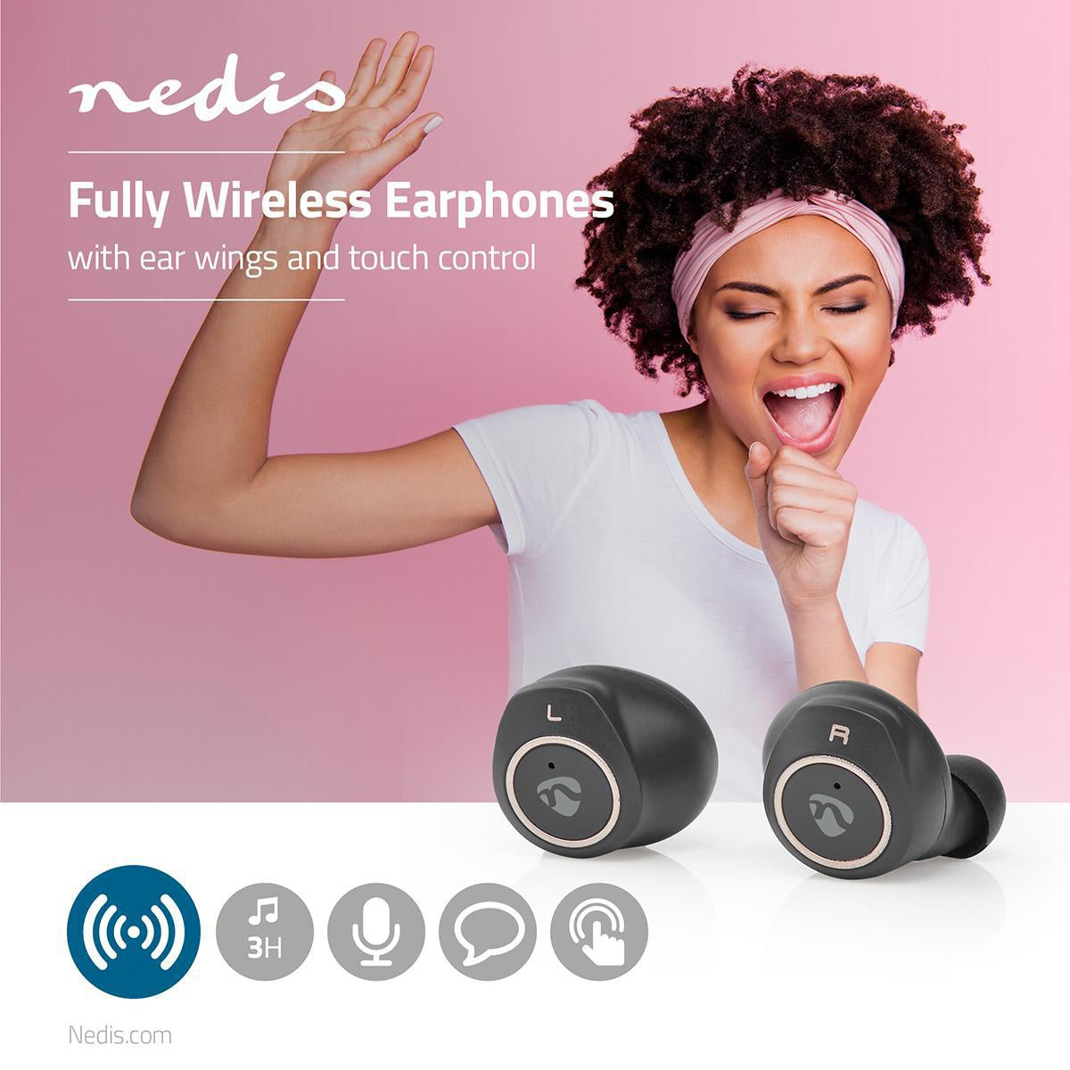 Fully Wireless Headphones | Bluetooth® | Maximum battery life: 3 hours | Press Control | Battery cover | Built-in microphone | Support for voice control | Ear Wings | Gold / Black