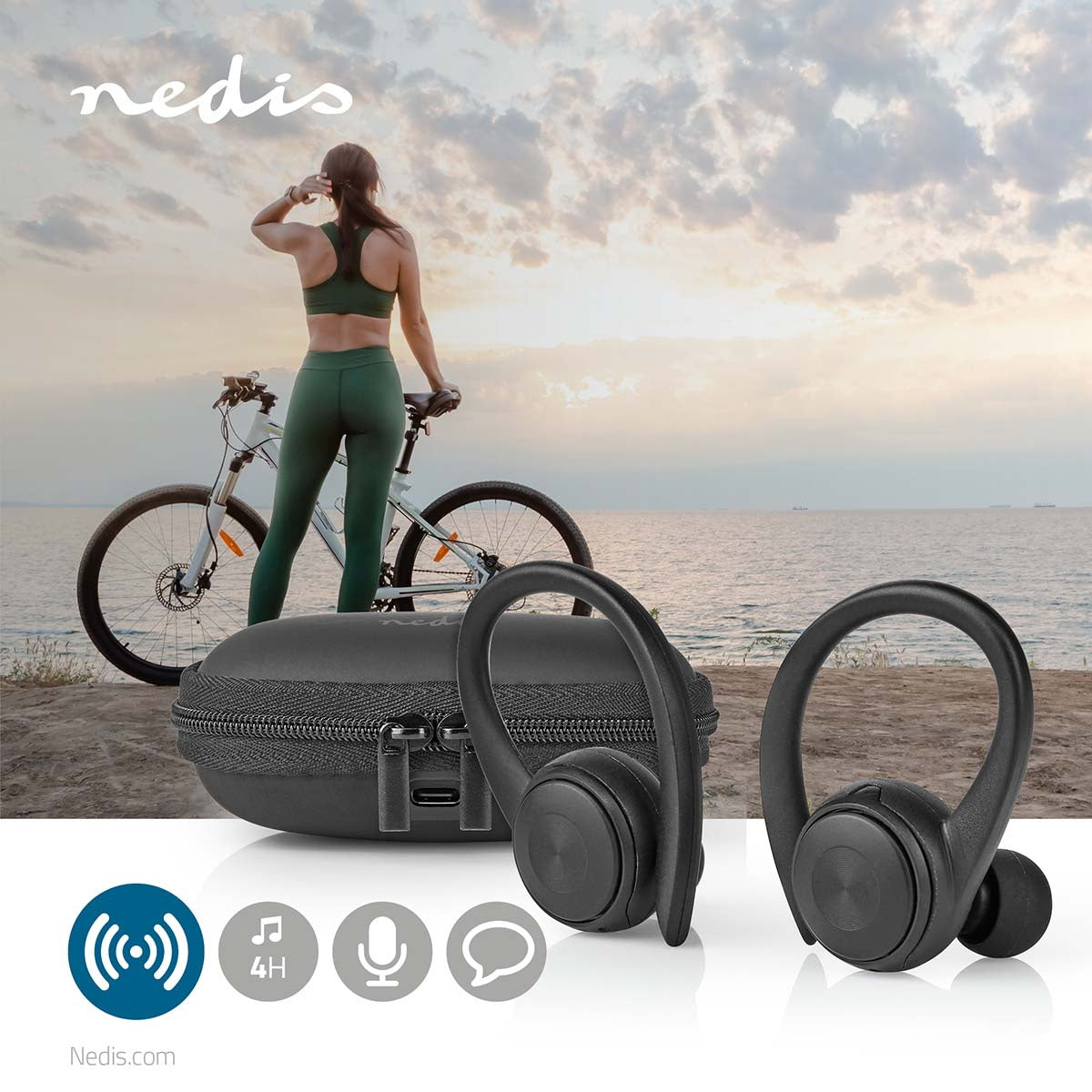 Fully Wireless Headphones | Bluetooth® | Maximum battery life: 4 hours | Press Control | Battery cover | Built-in microphone | Support for voice control | Ears hook | Black