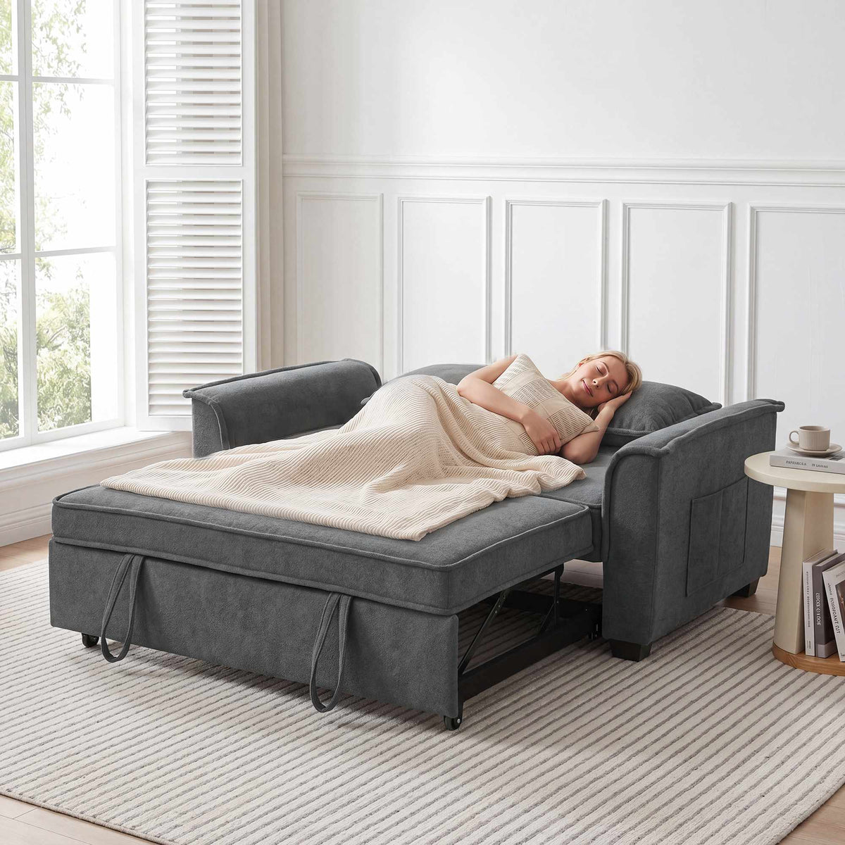 Futon Sofa Bed, Adjustable Backrest, 2 Seater, Dark Gray, 2 Pillows