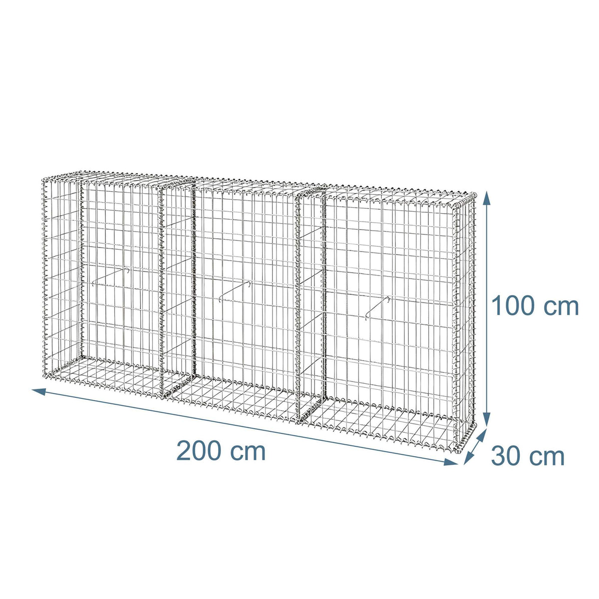 Galvanised Gabion Basket, 200x30x100 cm, 3 Compartments