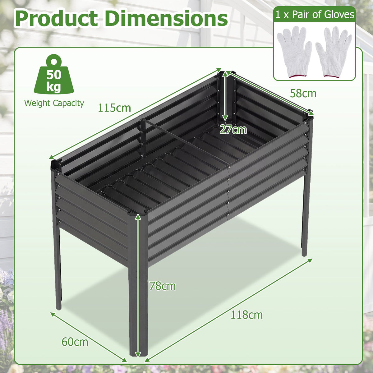 Galvanized Raised Garden Bed with Legs, 46 x 24 in, Gray