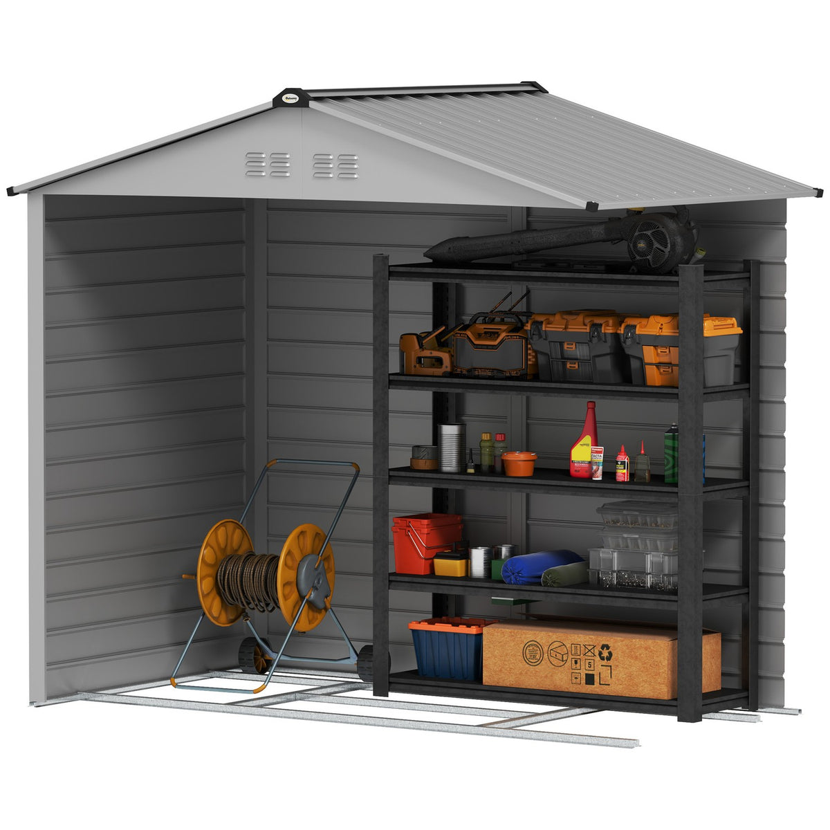 Galvanized steel tool shed 2.43? 213x131x192cm Tool Shed with Gable Roof, Lockable Sliding Door, Weatherproof Garden Shed, Outdoor Garden Shed for Backyard Outdoor Area, Gray