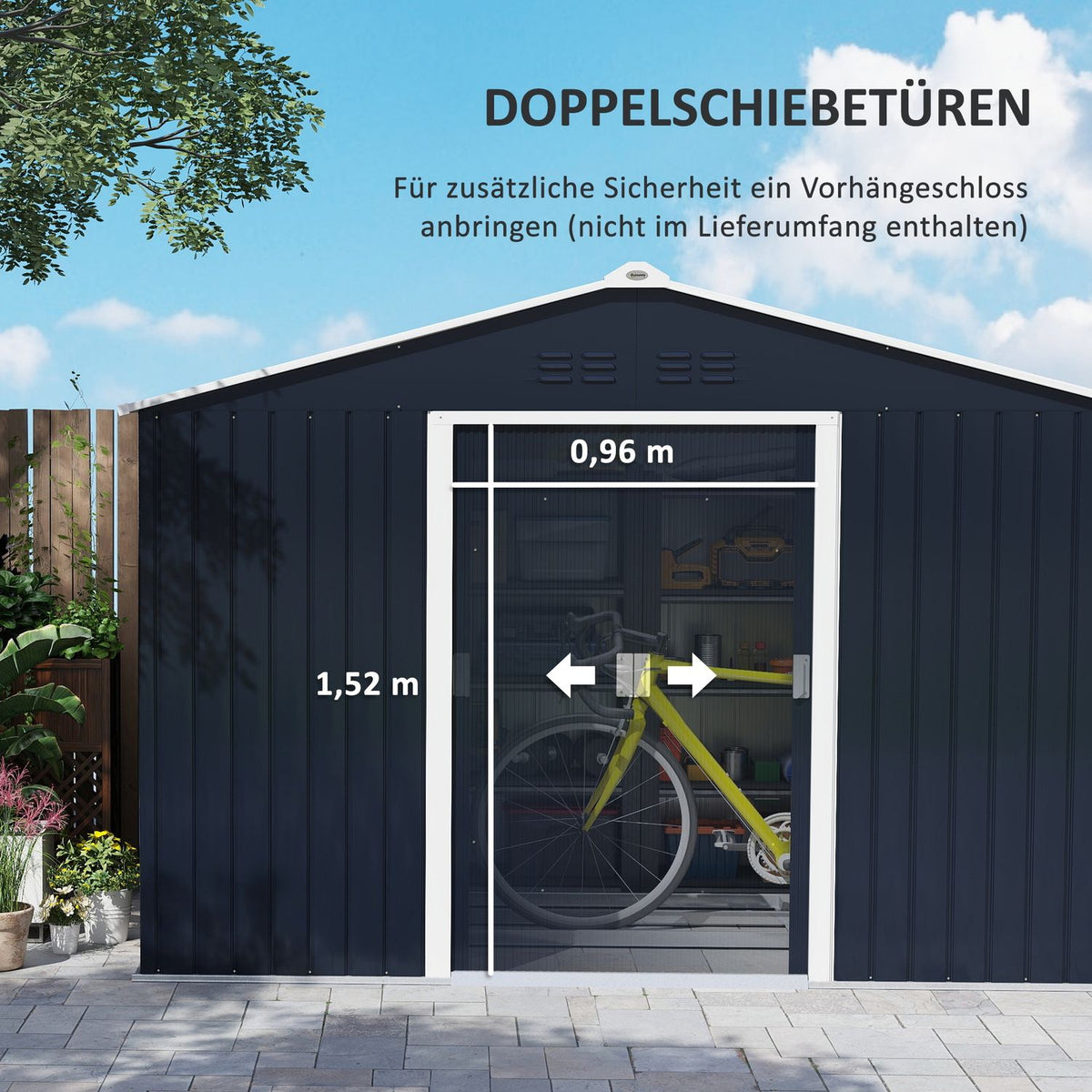 Galvanized steel tool shed 4.9m² 277x195x192cm tool shed with gable roof, foundation, lockable sliding door, weatherproof garden shed, outdoor garden shed for backyard dark gray