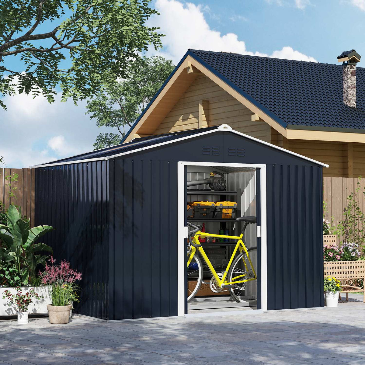 Galvanized steel tool shed 4.9m² 277x195x192cm tool shed with gable roof, foundation, lockable sliding door, weatherproof garden shed, outdoor garden shed for backyard dark gray