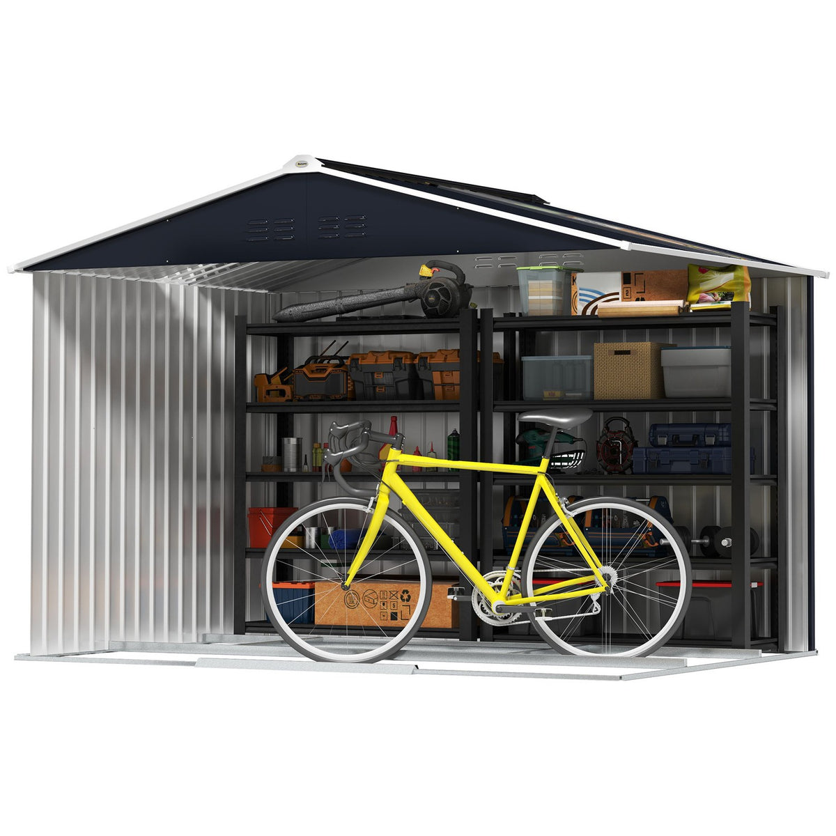 Galvanized steel tool shed 4.9m² 277x195x192cm tool shed with gable roof, foundation, lockable sliding door, weatherproof garden shed, outdoor garden shed for backyard dark gray