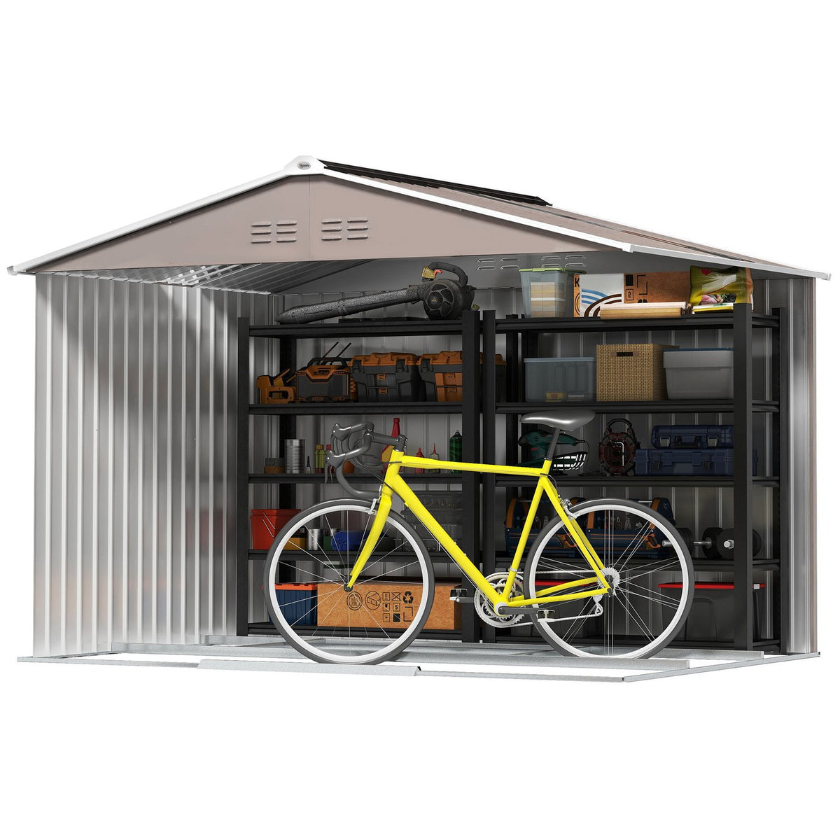 Galvanized steel tool shed 4.9m² 277x195x192cm tool shed with gable roof, foundation, lockable sliding door, weatherproof garden shed, outdoor garden shed for backyard light gray