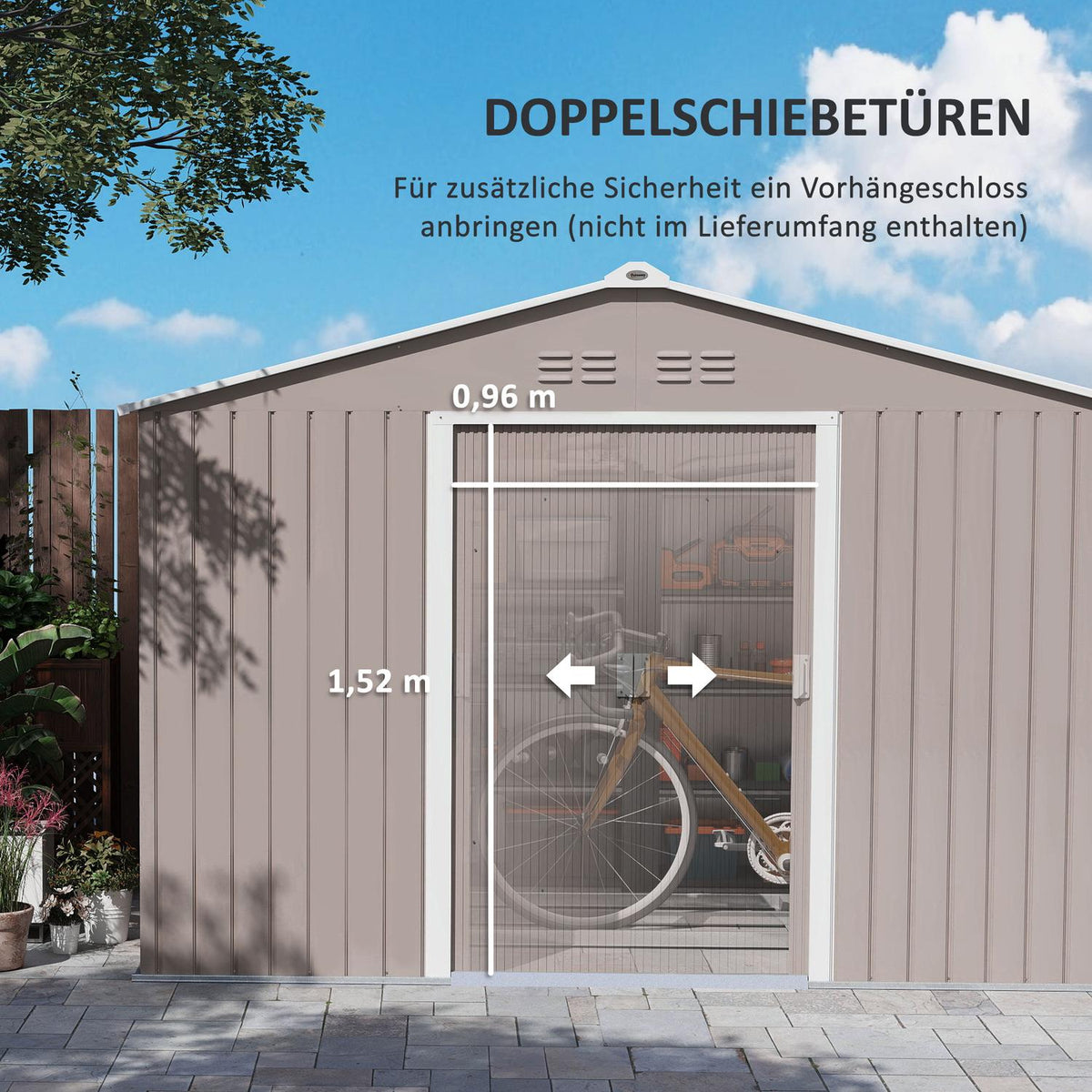 Galvanized steel tool shed 4.9m² 277x195x192cm tool shed with gable roof, foundation, lockable sliding door, weatherproof garden shed, outdoor garden shed for backyard light gray