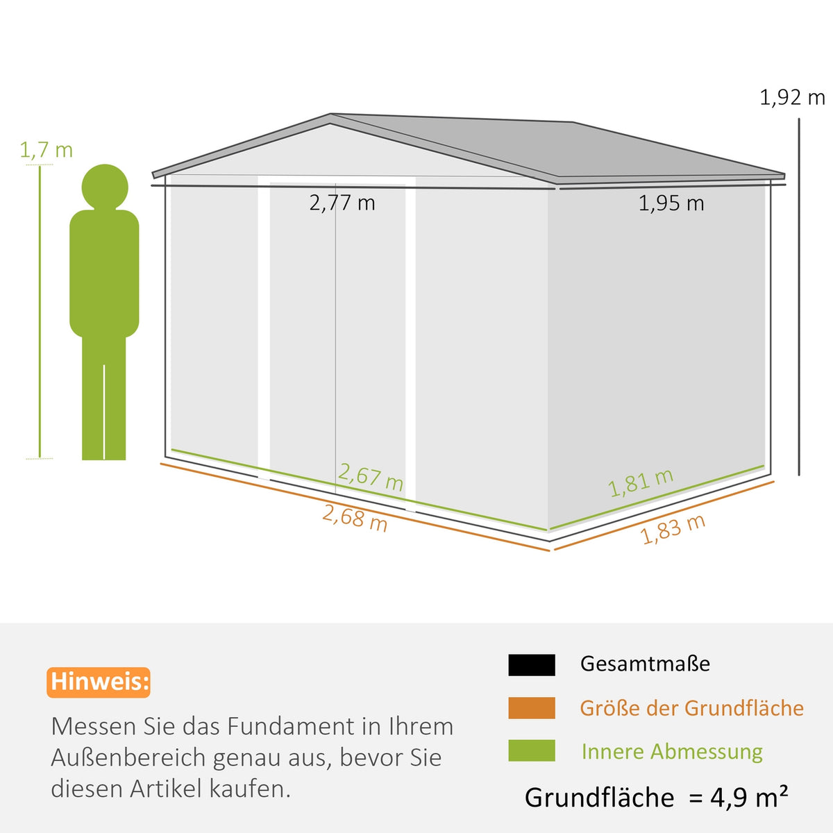 Galvanized steel tool shed 4.9m² 277x195x192cm tool shed with gable roof, foundation, lockable sliding door, weatherproof garden shed, outdoor garden shed for backyard light gray