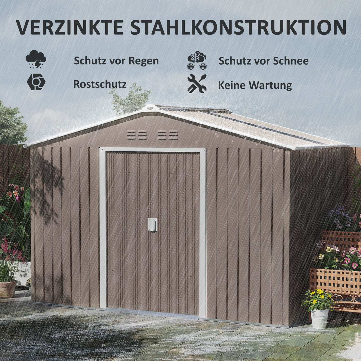 Galvanized steel tool shed 4.9m² 277x195x192cm tool shed with gable roof, foundation, lockable sliding door, weatherproof garden shed, outdoor garden shed for backyard light gray