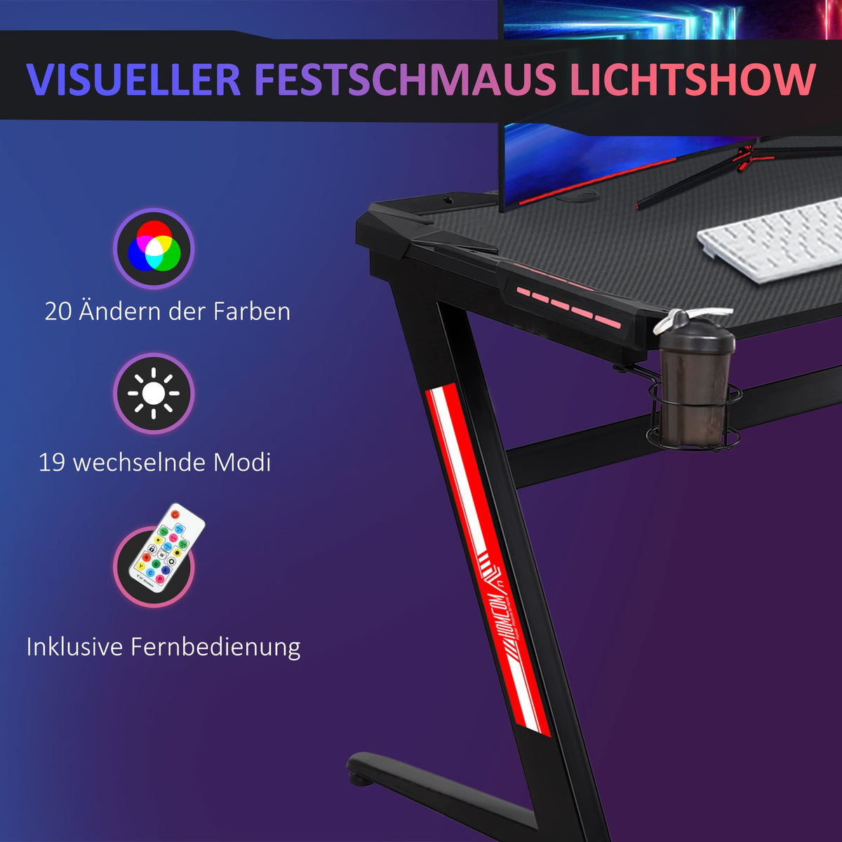 Gamer Desk With Led Light, Cup Holder, Headphone Hook, Z-Design Office Table, Mdf Metal Abs, Black, 120X60X73Cm