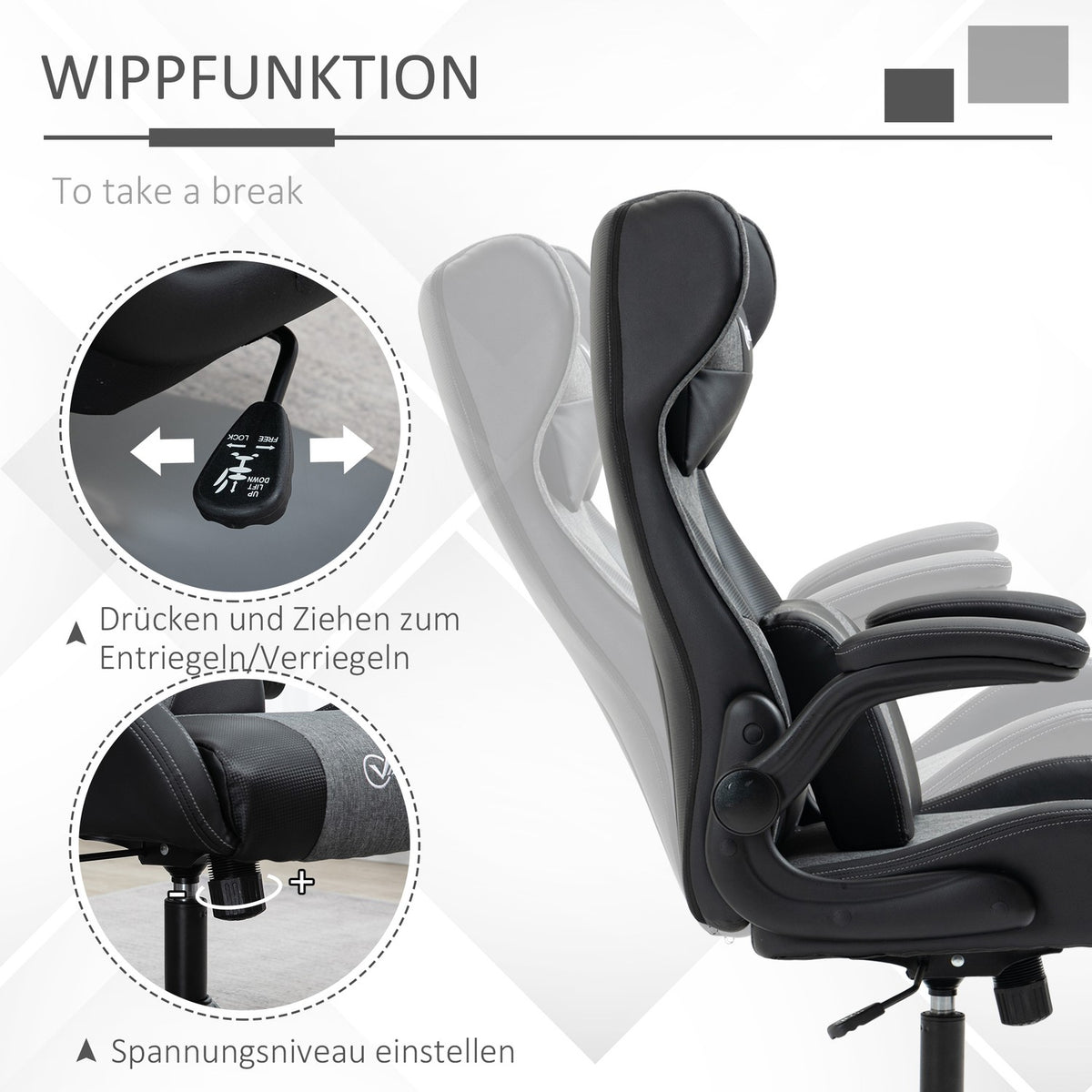 Gaming Chair, Adjustable Height, Black/Grey, Ergonomic Design