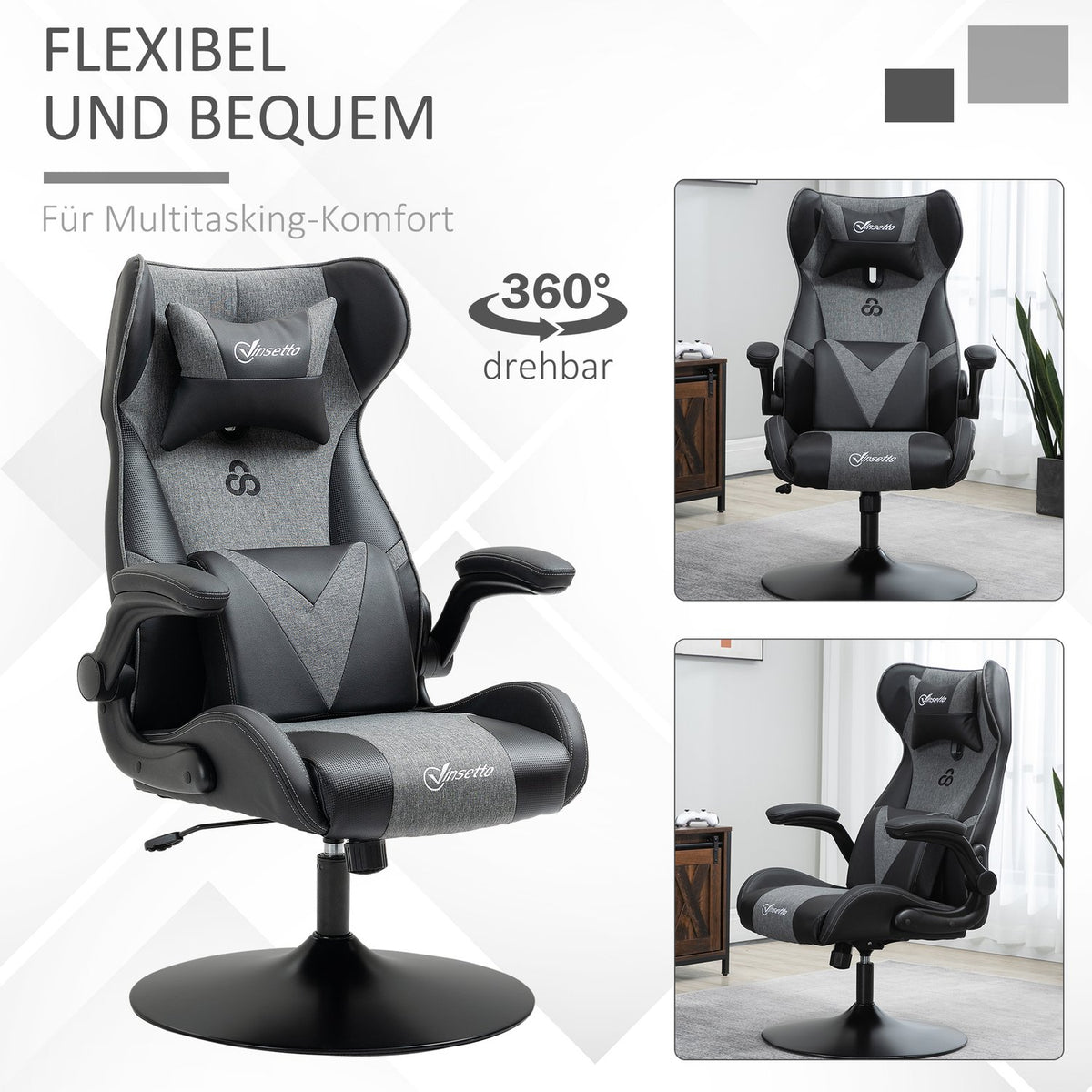 Gaming Chair, Adjustable Height, Black/Grey, Ergonomic Design
