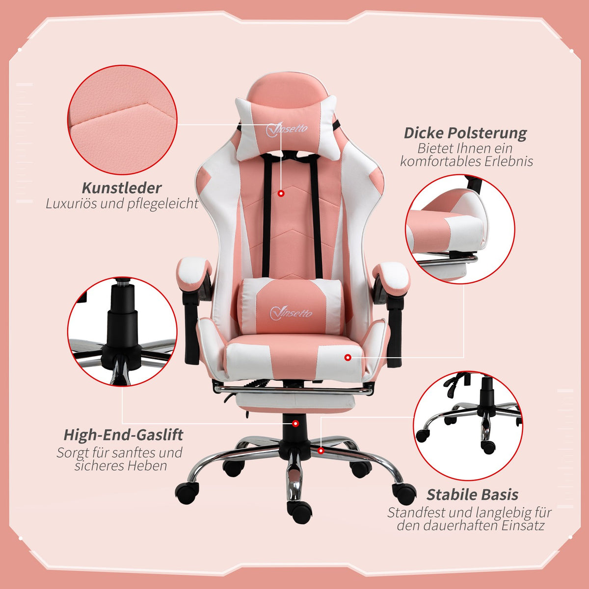 Gaming Chair, Computer Chair, Ergonomic Office Chair With Headrest, Lumbar Cushion, Height Adjustable, 360° Rotatable, Pink + White