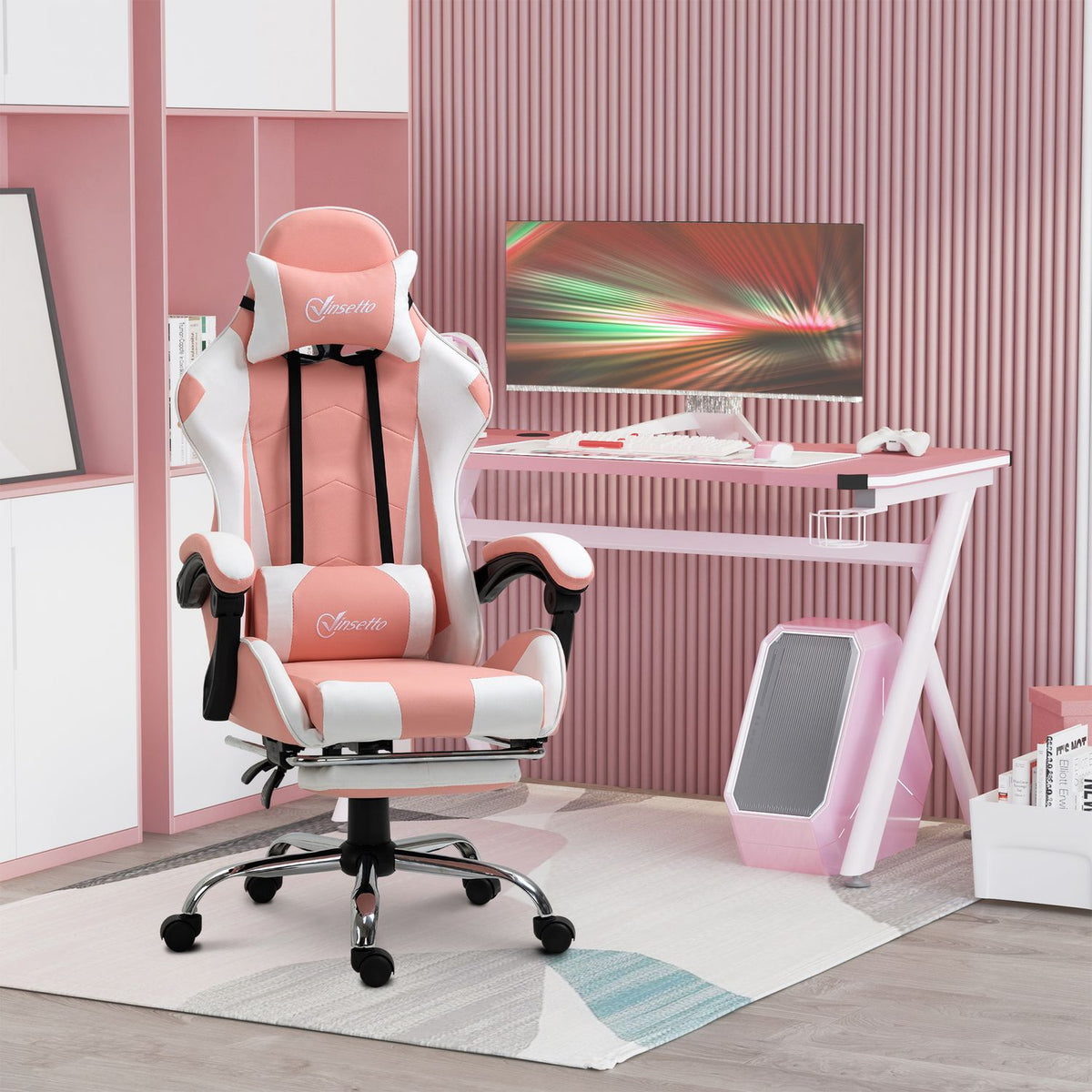 Gaming Chair, Computer Chair, Ergonomic Office Chair With Headrest, Lumbar Cushion, Height Adjustable, 360° Rotatable, Pink + White