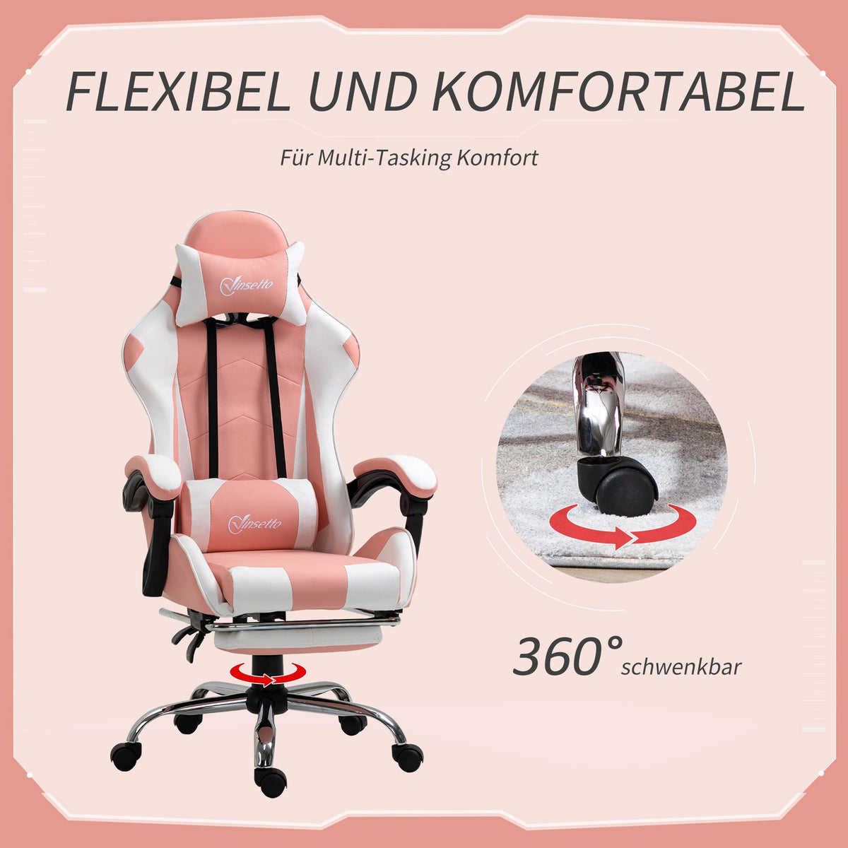 Gaming Chair, Computer Chair, Ergonomic Office Chair With Headrest, Lumbar Cushion, Height Adjustable, 360° Rotatable, Pink + White