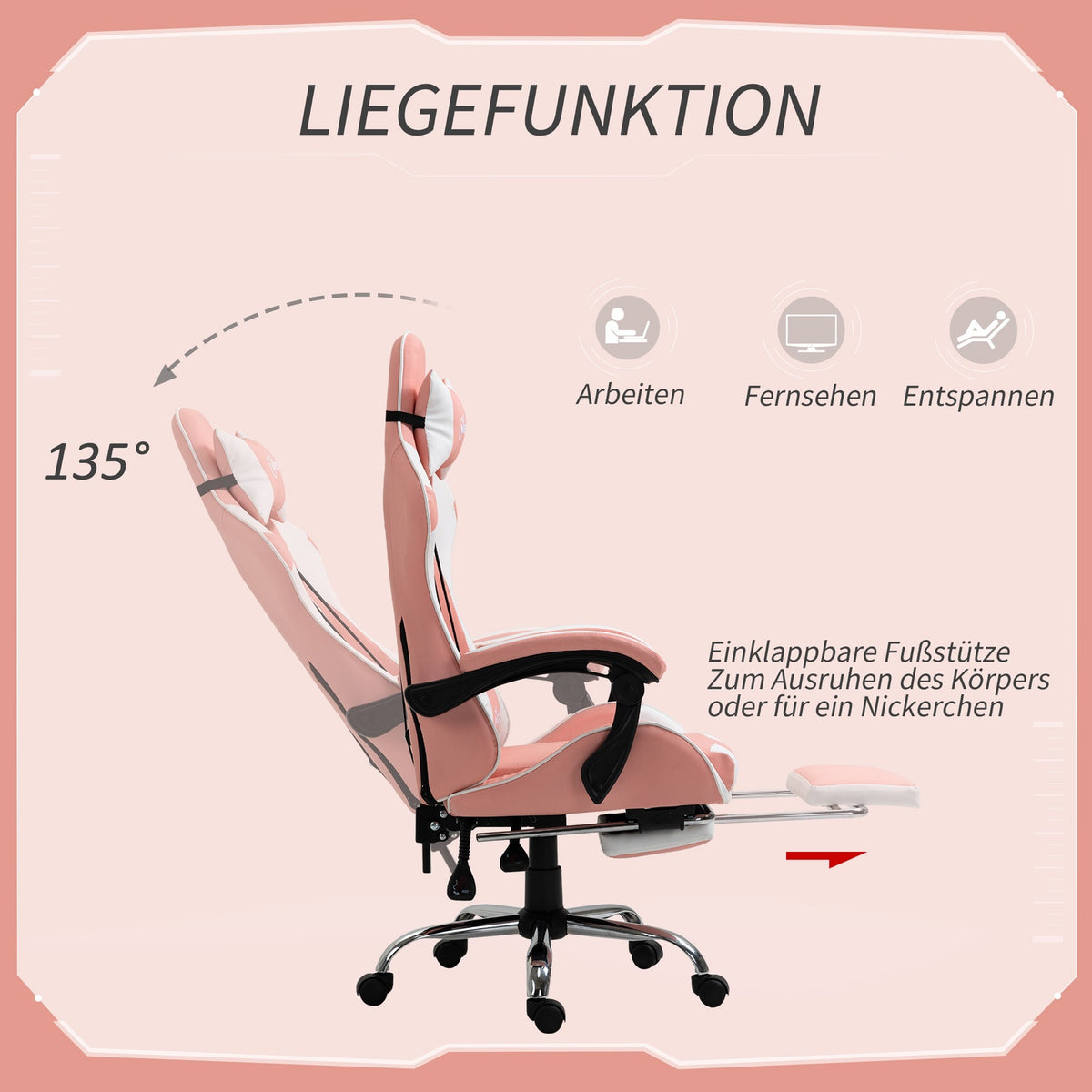 Gaming Chair, Computer Chair, Ergonomic Office Chair With Headrest, Lumbar Cushion, Height Adjustable, 360° Rotatable, Pink + White