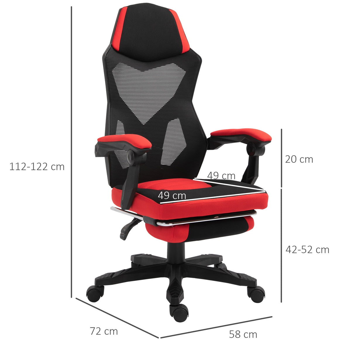 Gaming Chair Desk Chair Ergonomic Office Chair With Footrest Height Adjustable Polyester Black + Red 58 X 72 X 112-122 Cm