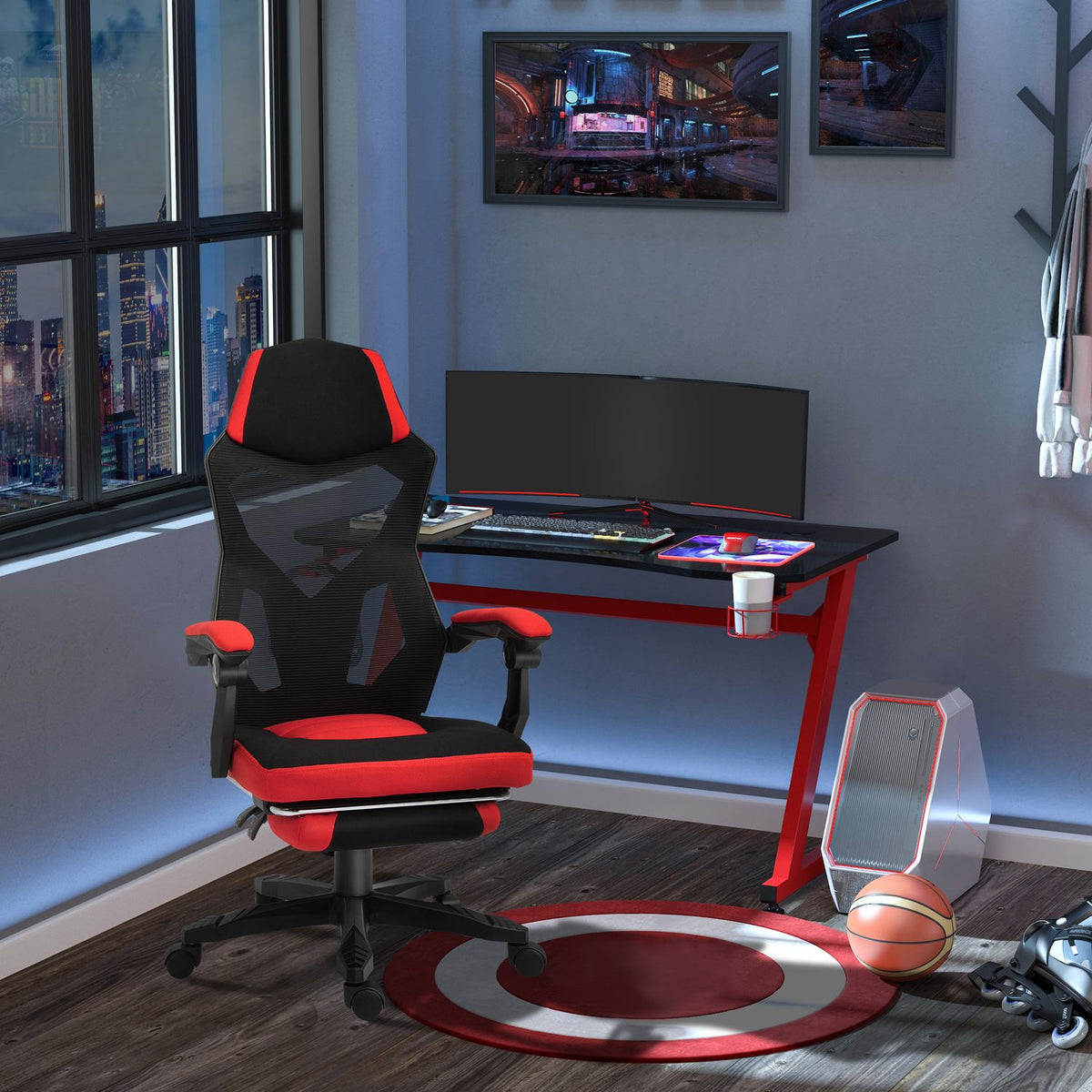 Gaming Chair Desk Chair Ergonomic Office Chair With Footrest Height Adjustable Polyester Black + Red 58 X 72 X 112-122 Cm