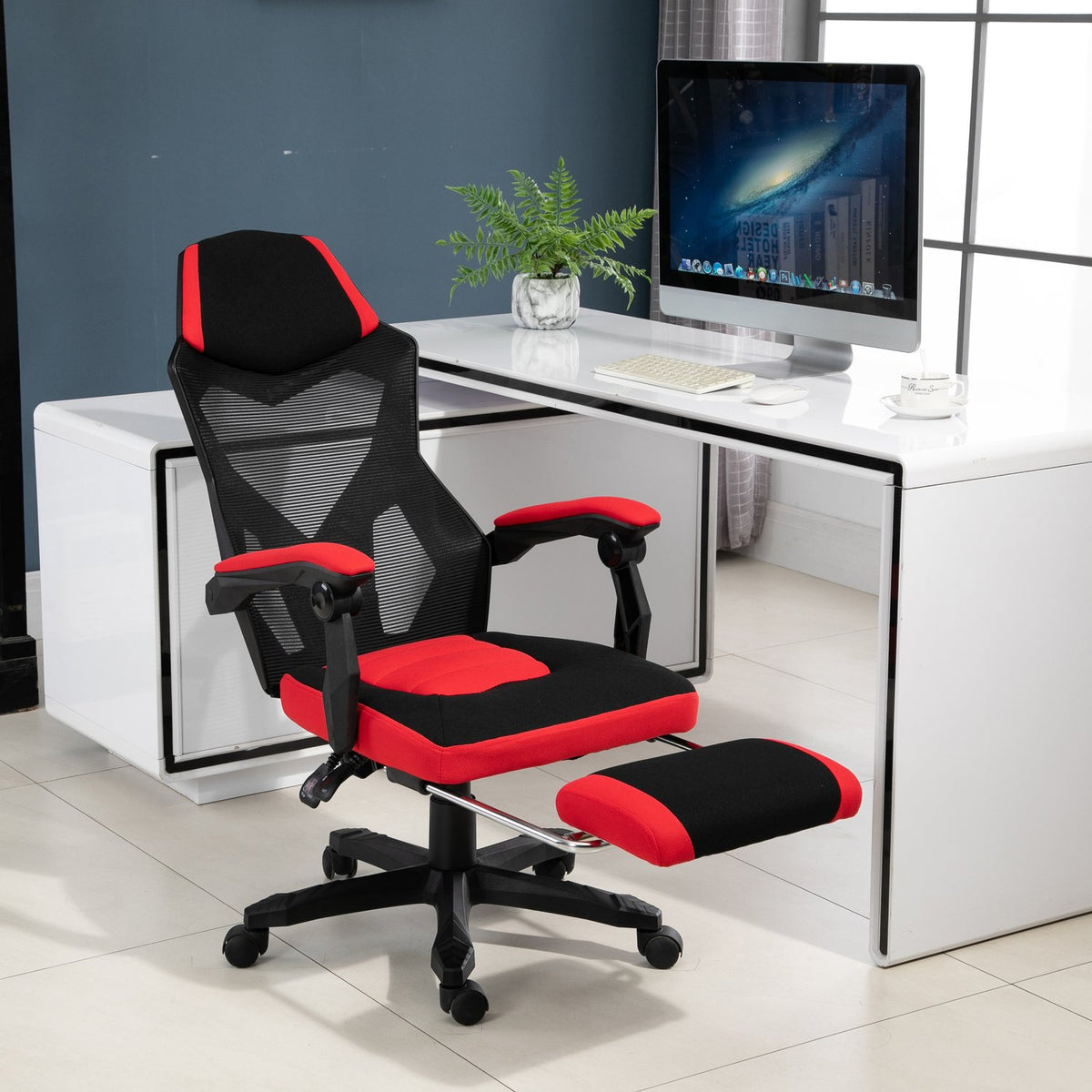 Gaming Chair Desk Chair Ergonomic Office Chair With Footrest Height Adjustable Polyester Black + Red 58 X 72 X 112-122 Cm