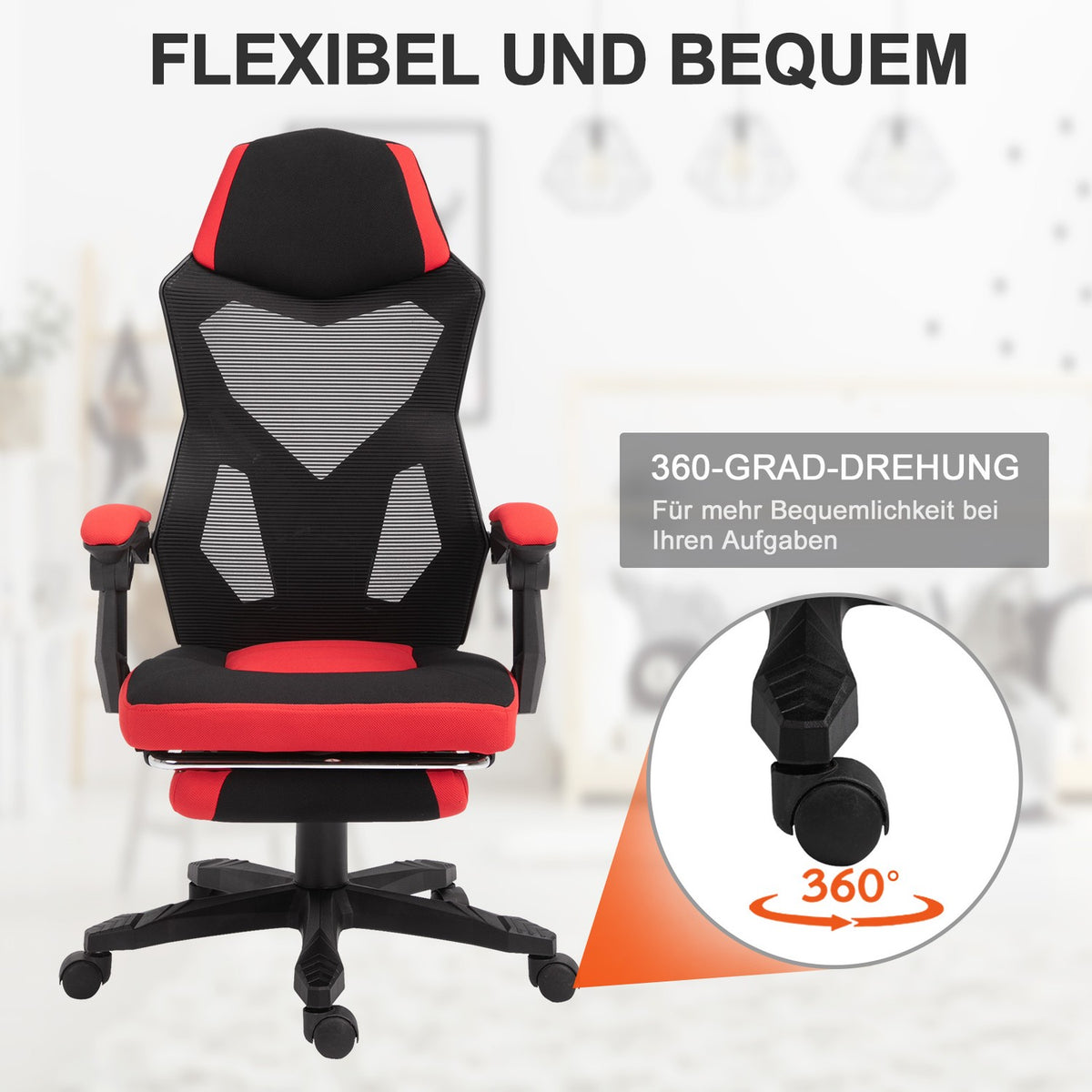 Gaming Chair Desk Chair Ergonomic Office Chair With Footrest Height Adjustable Polyester Black + Red 58 X 72 X 112-122 Cm