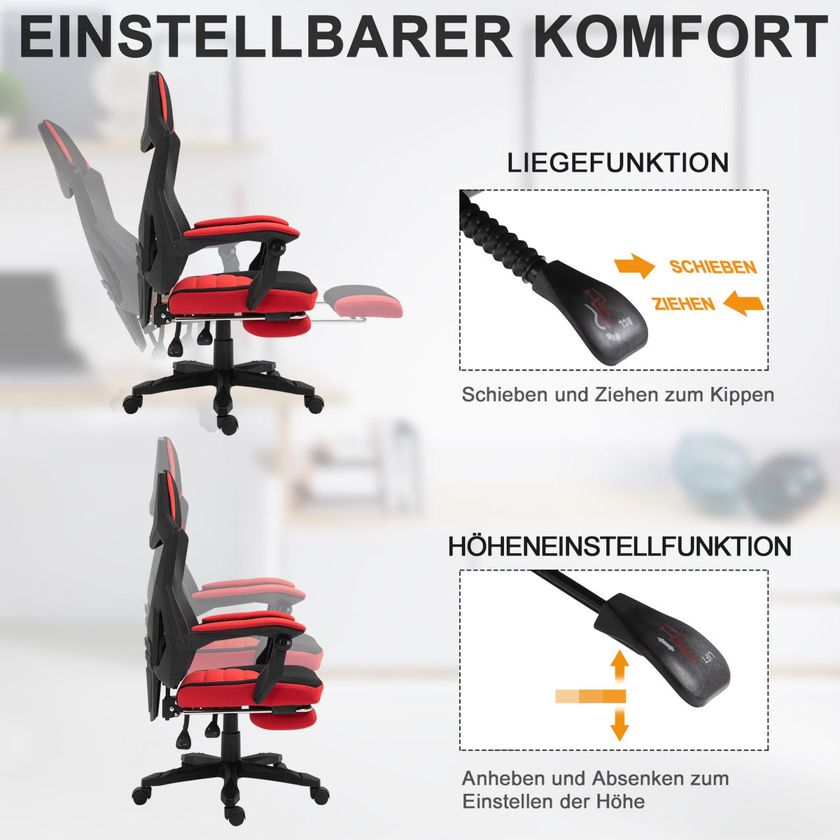 Gaming Chair Desk Chair Ergonomic Office Chair With Footrest Height Adjustable Polyester Black + Red 58 X 72 X 112-122 Cm