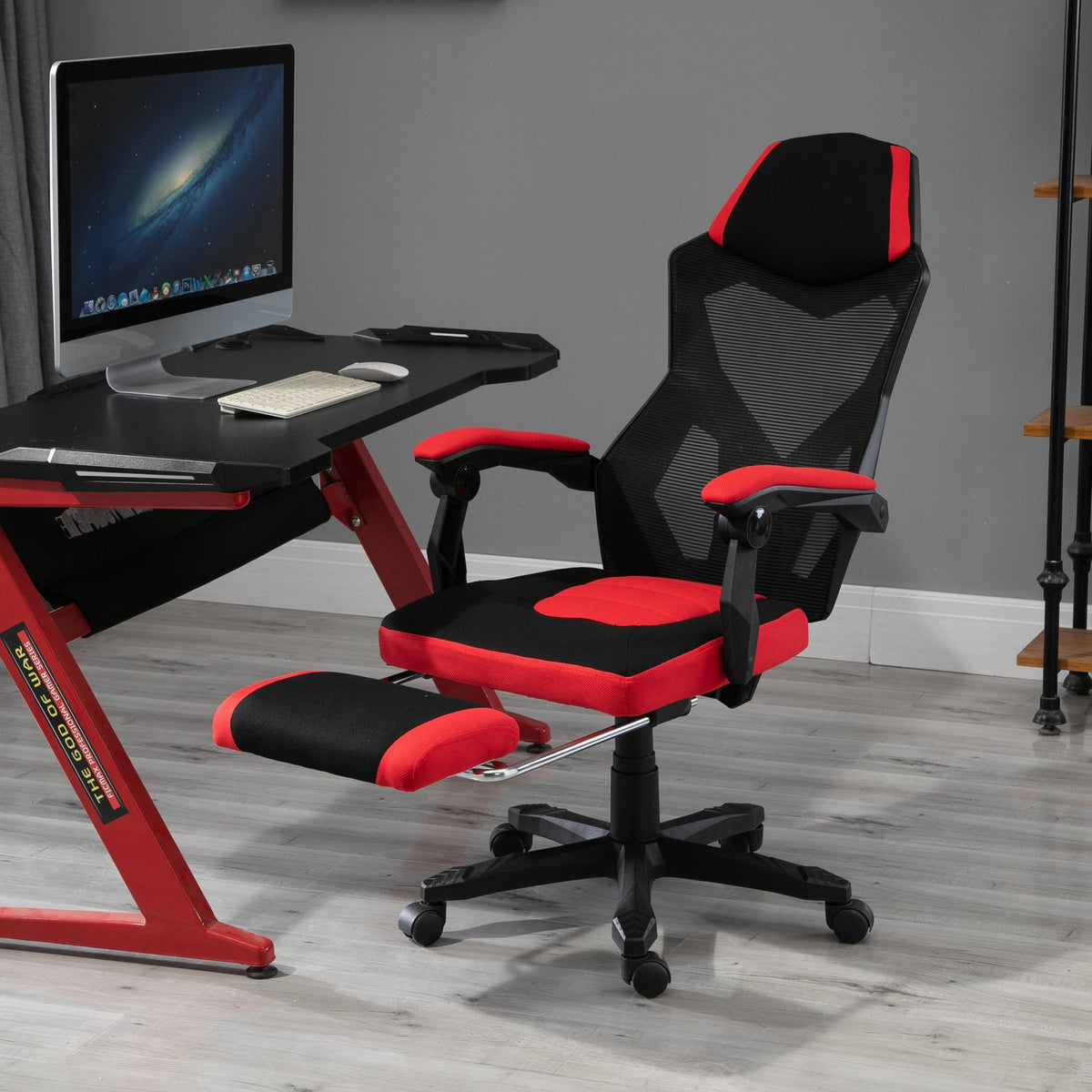 Gaming Chair Desk Chair Ergonomic Office Chair With Footrest Height Adjustable Polyester Black + Red 58 X 72 X 112-122 Cm
