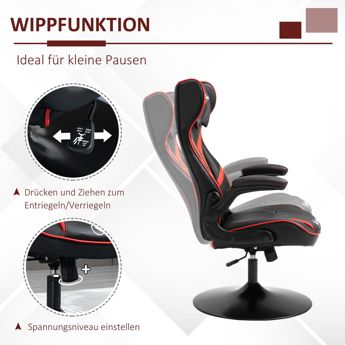 Gaming Chair Ergonomic Computer Chair With Rocker Function, Steel, Black & Red, 67X75X106-112Cm
