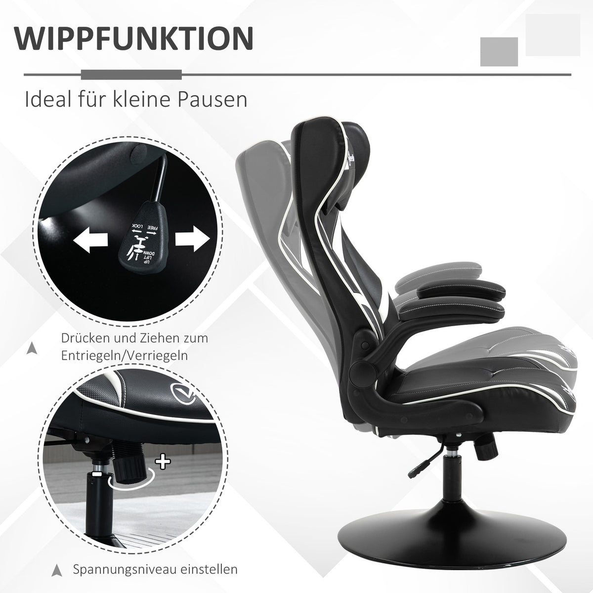 Gaming Chair Ergonomic Computer Chair With Rocker Function Swivel Chair Height Adjustable Steel Black + White 67 X 75 X 106-112 Cm