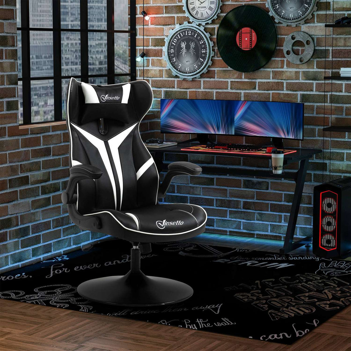 Gaming Chair Ergonomic Computer Chair With Rocker Function Swivel Chair Height Adjustable Steel Black + White 67 X 75 X 106-112 Cm