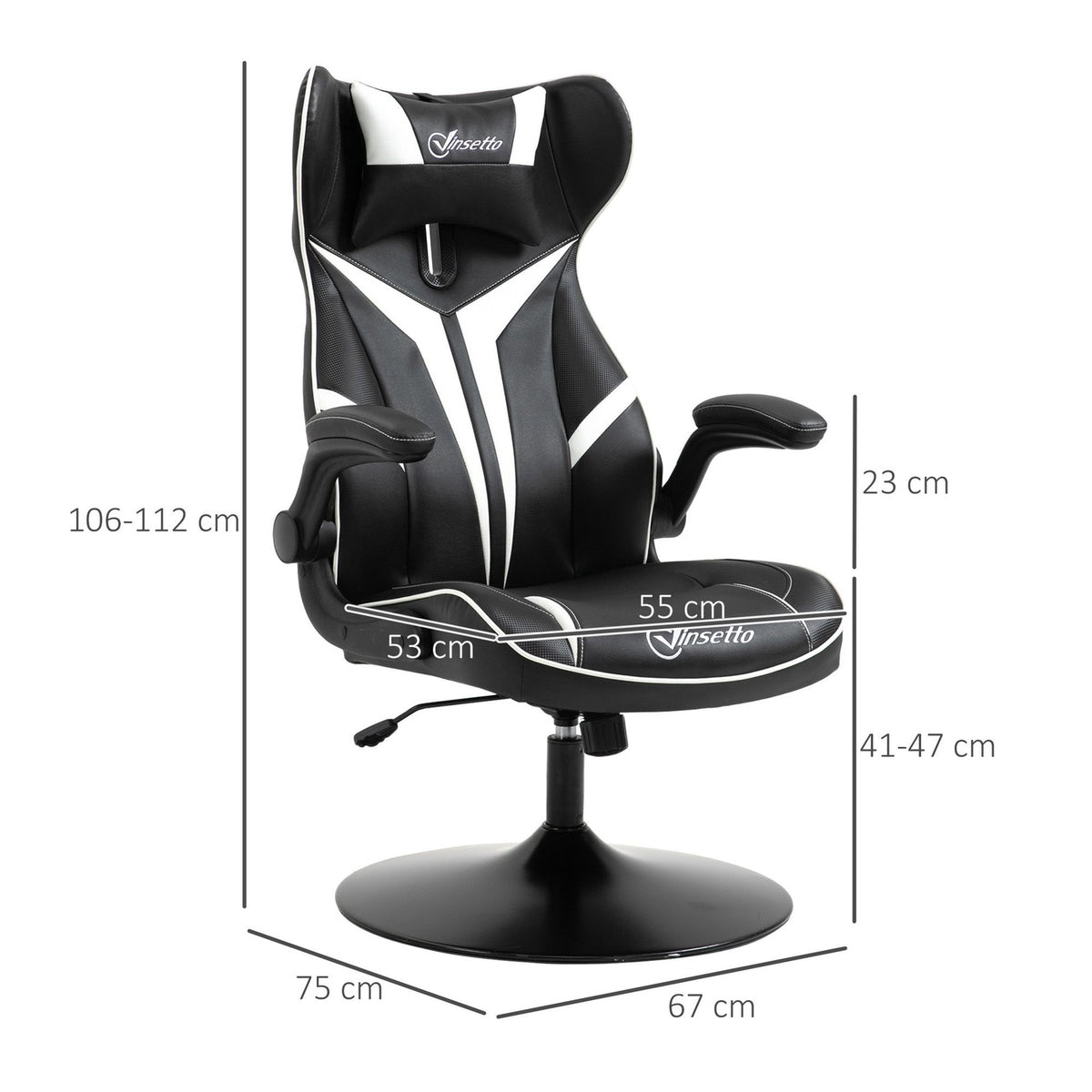 Gaming Chair Ergonomic Computer Chair With Rocker Function Swivel Chair Height Adjustable Steel Black + White 67 X 75 X 106-112 Cm