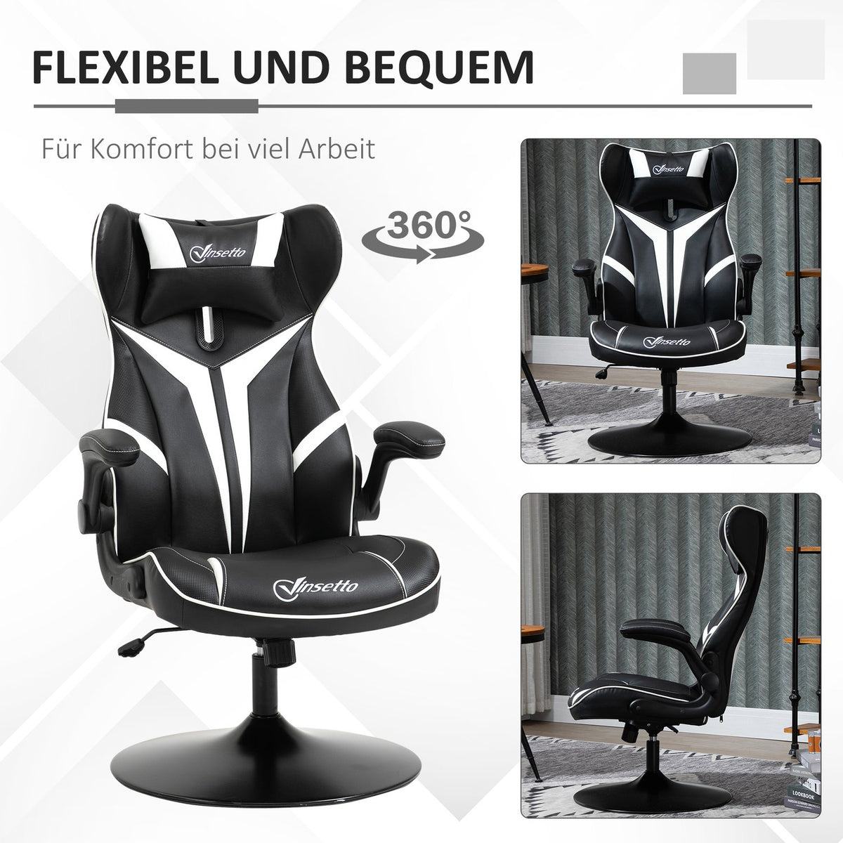 Gaming Chair Ergonomic Computer Chair With Rocker Function Swivel Chair Height Adjustable Steel Black + White 67 X 75 X 106-112 Cm