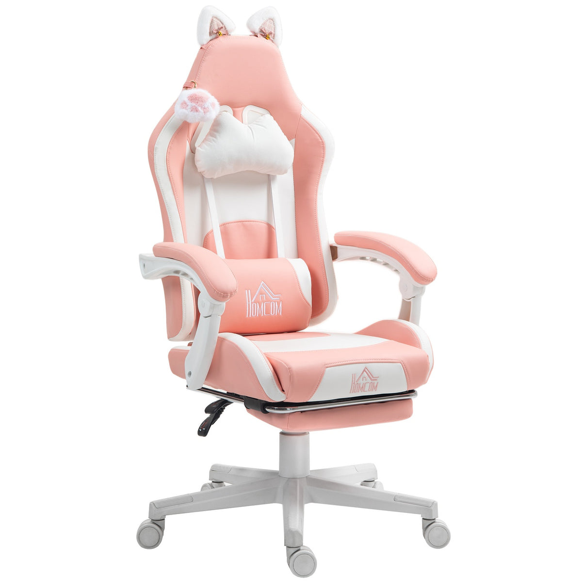 Gaming Chair Ergonomic Gamer Chair with Lumbar Support, Footrest, Gaming Chair with Cat Ears, Pillow, Height-Adjustable Office Chair with Adjustable Reclining Function Pink
