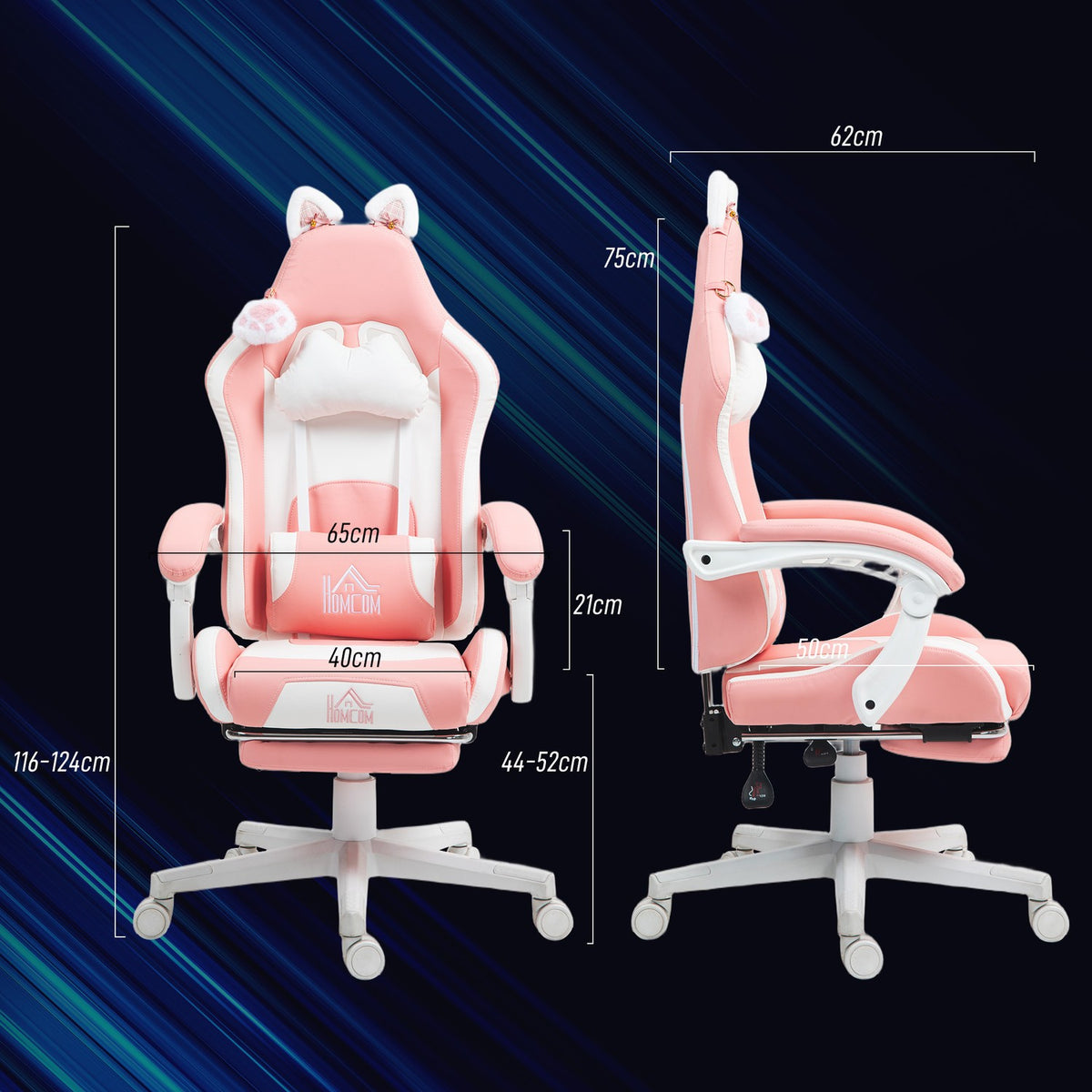 Gaming Chair Ergonomic Gamer Chair with Lumbar Support, Footrest, Gaming Chair with Cat Ears, Pillow, Height-Adjustable Office Chair with Adjustable Reclining Function Pink