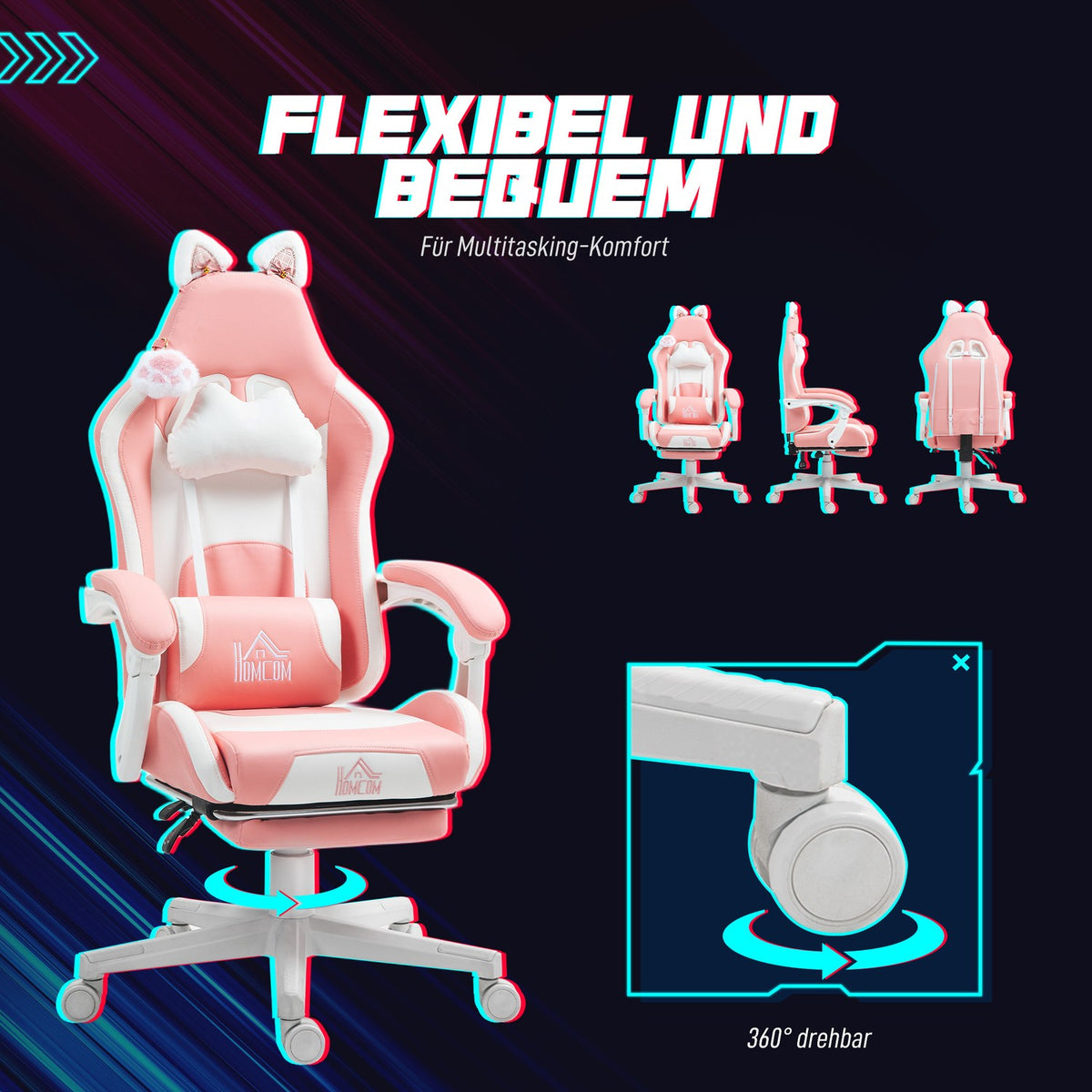 Gaming Chair Ergonomic Gamer Chair with Lumbar Support, Footrest, Gaming Chair with Cat Ears, Pillow, Height-Adjustable Office Chair with Adjustable Reclining Function Pink