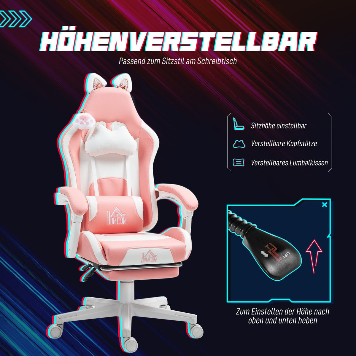 Gaming Chair Ergonomic Gamer Chair with Lumbar Support, Footrest, Gaming Chair with Cat Ears, Pillow, Height-Adjustable Office Chair with Adjustable Reclining Function Pink