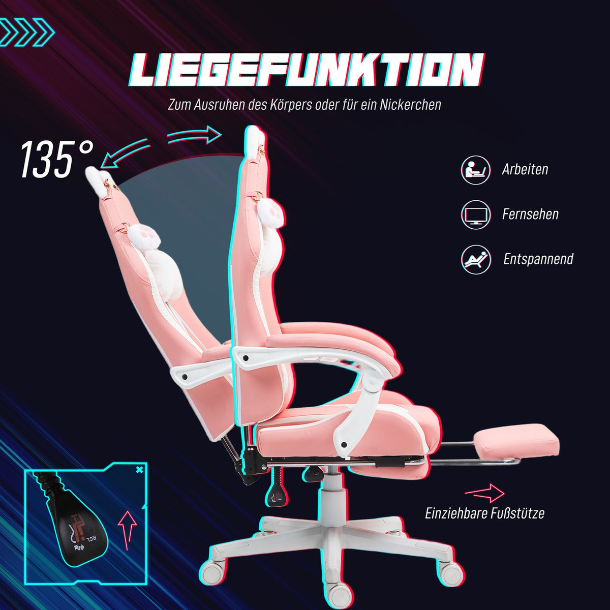 Gaming Chair Ergonomic Gamer Chair with Lumbar Support, Footrest, Gaming Chair with Cat Ears, Pillow, Height-Adjustable Office Chair with Adjustable Reclining Function Pink