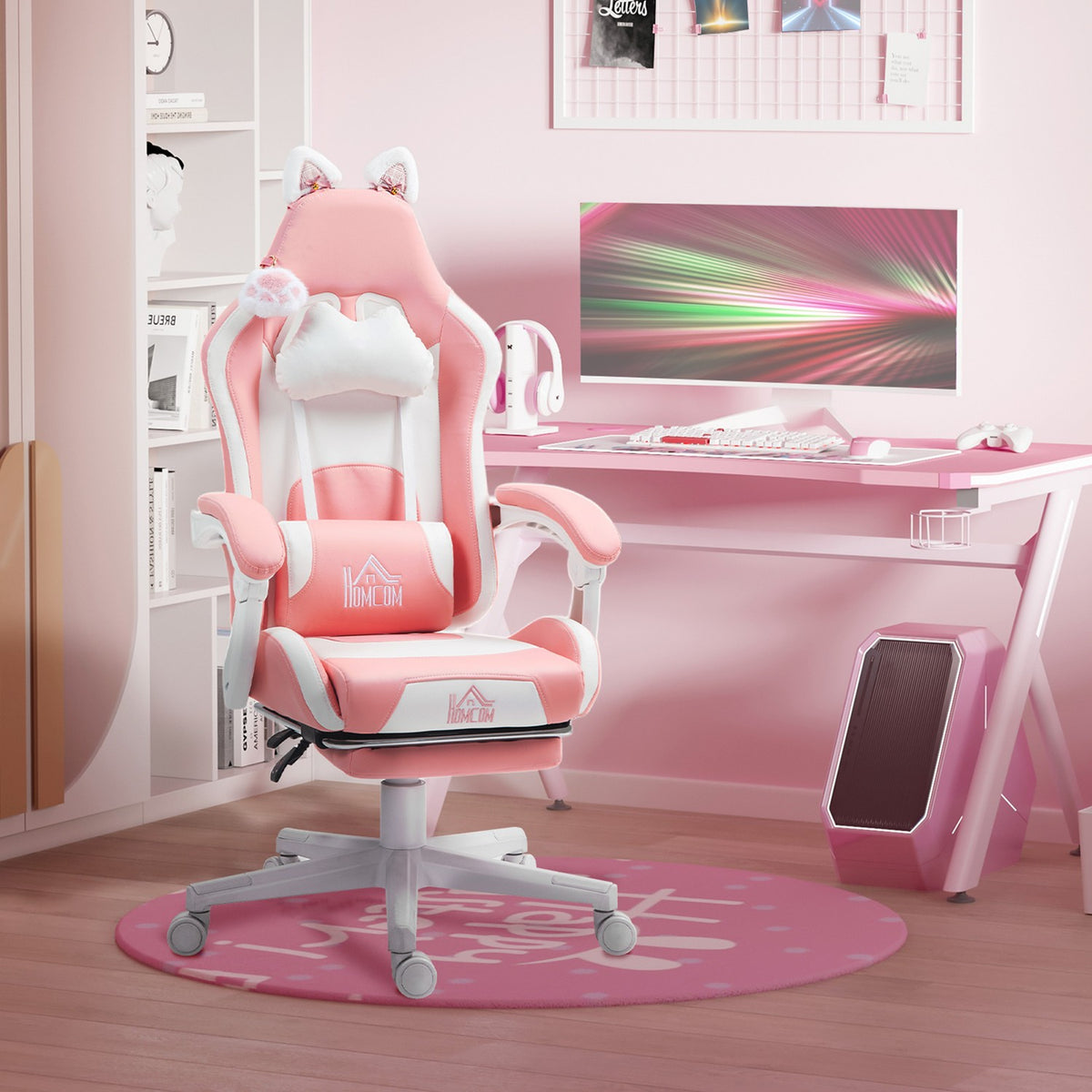 Gaming Chair Ergonomic Gamer Chair with Lumbar Support, Footrest, Gaming Chair with Cat Ears, Pillow, Height-Adjustable Office Chair with Adjustable Reclining Function Pink