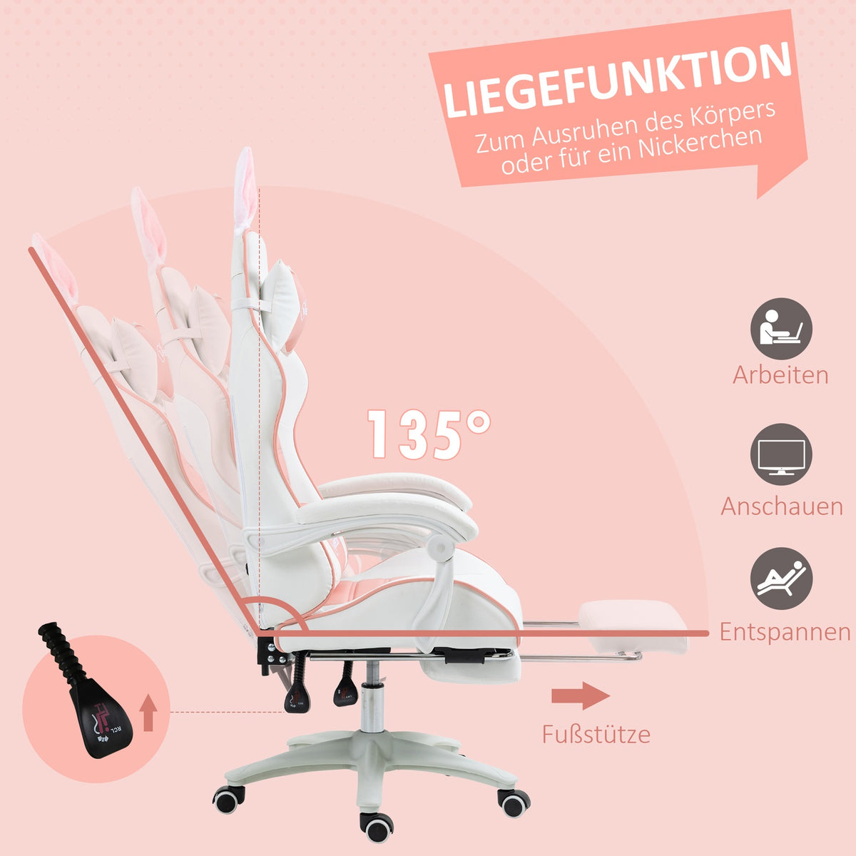 Gaming Chair Ergonomic Gamer Chair with Lumbar Support, Footrest, Gaming Chair with Rabbit Ears, Pillow, Height-Adjustable Office Chair with Adjustable Reclining Function Pink |