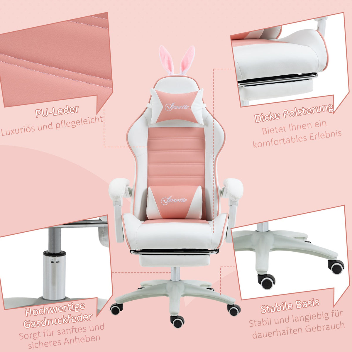 Gaming Chair Ergonomic Gamer Chair with Lumbar Support, Footrest, Gaming Chair with Rabbit Ears, Pillow, Height-Adjustable Office Chair with Adjustable Reclining Function Pink |