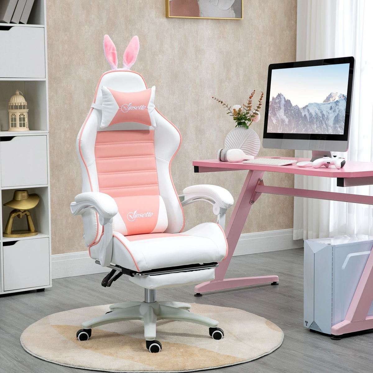 Gaming Chair Ergonomic Gamer Chair with Lumbar Support, Footrest, Gaming Chair with Rabbit Ears, Pillow, Height-Adjustable Office Chair with Adjustable Reclining Function Pink |