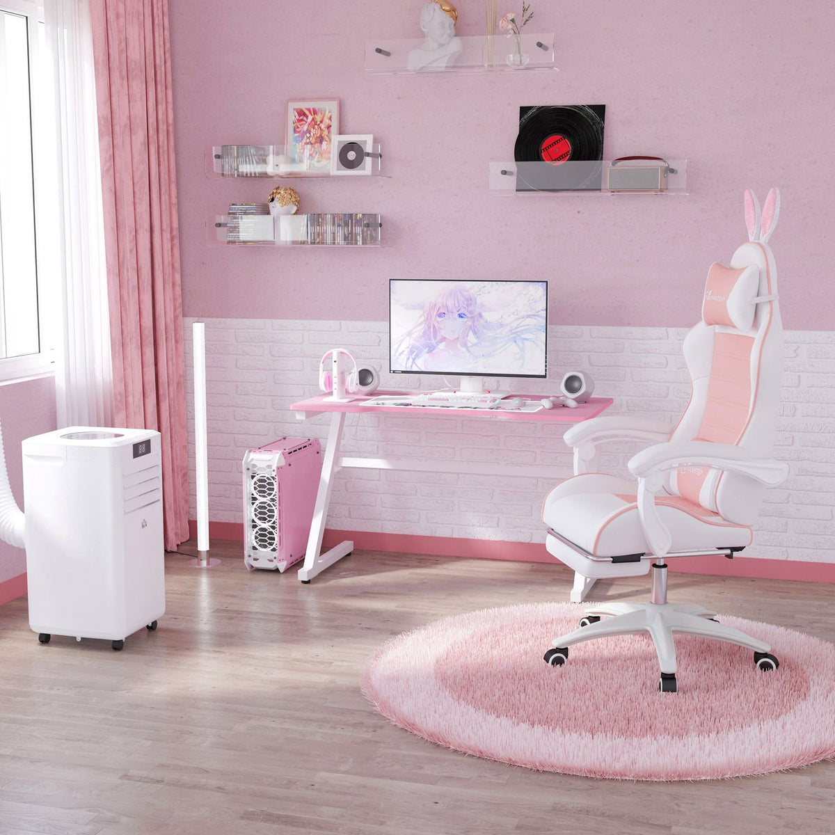 Gaming Chair Ergonomic Gamer Chair with Lumbar Support, Footrest, Gaming Chair with Rabbit Ears, Pillow, Height-Adjustable Office Chair with Adjustable Reclining Function Pink |
