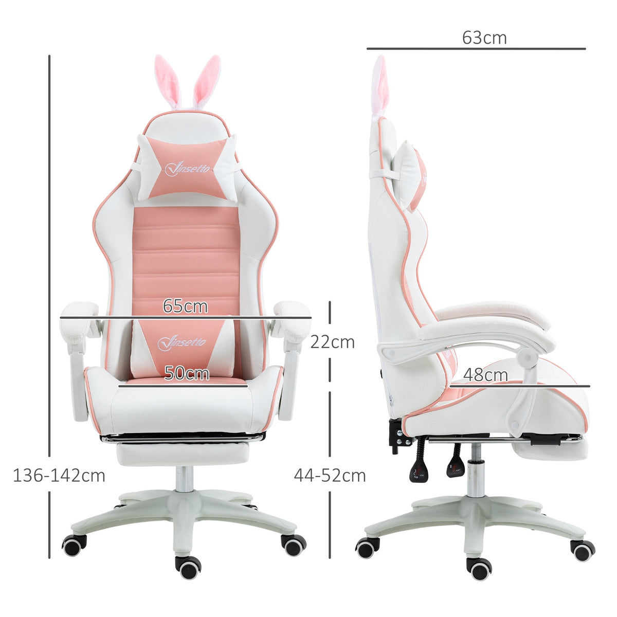 Gaming Chair Ergonomic Gamer Chair with Lumbar Support, Footrest, Gaming Chair with Rabbit Ears, Pillow, Height-Adjustable Office Chair with Adjustable Reclining Function Pink |